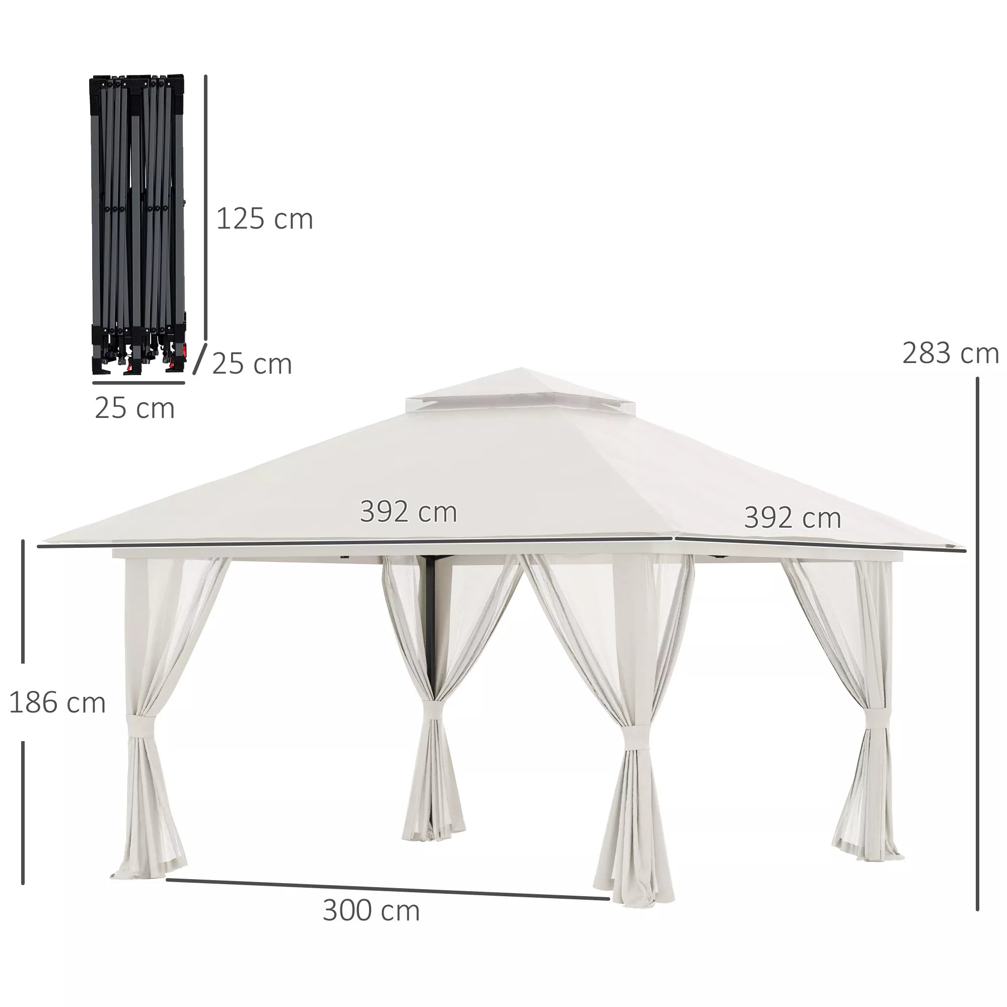 Sulankstomas paviljonas, reguliuojamas aukštis, 4 tinklinės sienos, ventiliacijos stogas, nešimo krepšys, greitas surinkimas, 4 x 4 x 3 m, kreminė balta spalva