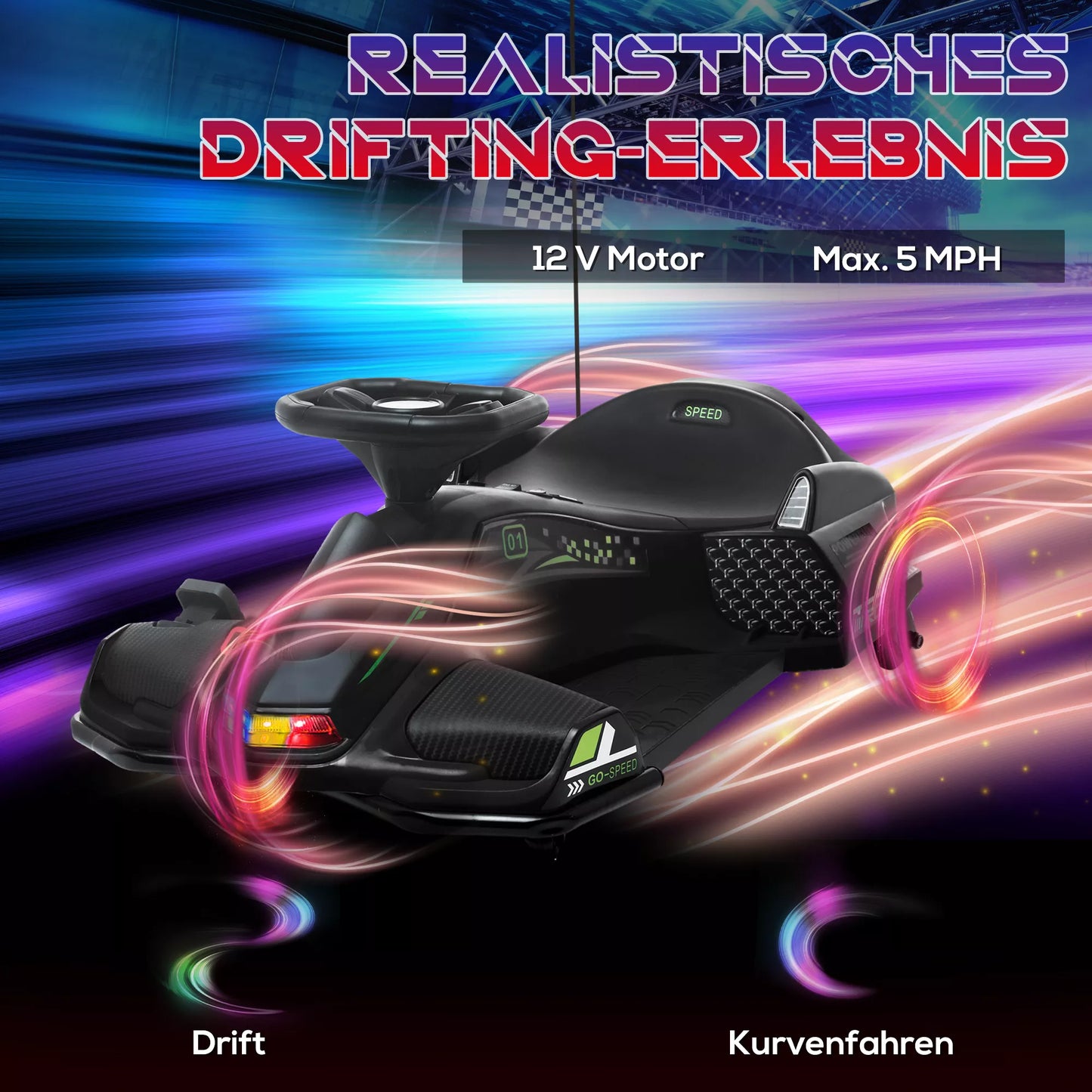 HOMCOM Elektrinis kartingas vaikams, guminės padangos, 3-8 km/val, su šviesomis ir muzikos funkcija, juodas HOMCOM