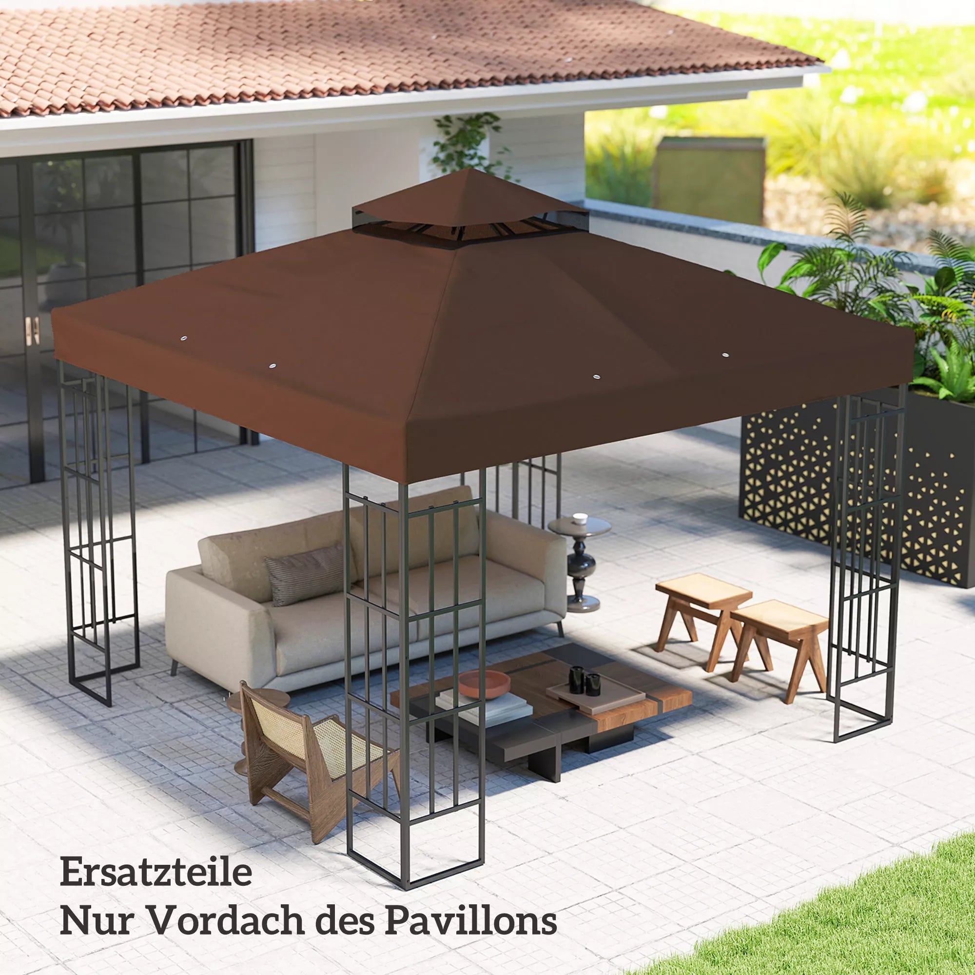 Pavėsinės stogas, paviljono uždanga su nutekėjimo angomis ir upf30+ apsauga, poliesteris, 3x3 m, kavos ruda