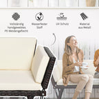 Sodo sofos pynimo ir pagalvėlių detalė, fone moteris geria kavą