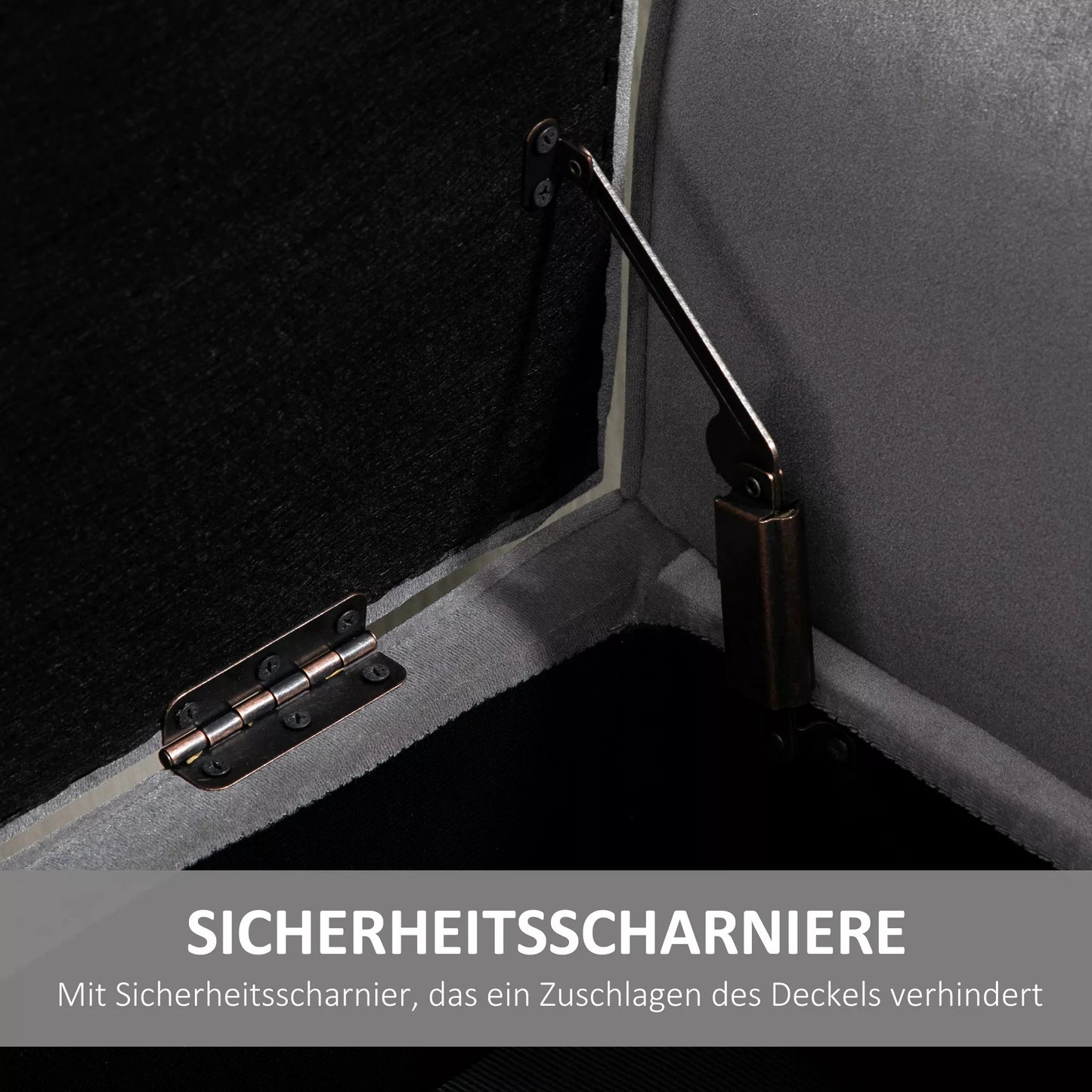 Paminkštintas suoliukas su daiktadėže ir porankiais, skrynios tipo suoliukas prieškambariui, miegamajam, svetainei, 118 x 42 x 66 cm, tamsiai pilkos spalvos