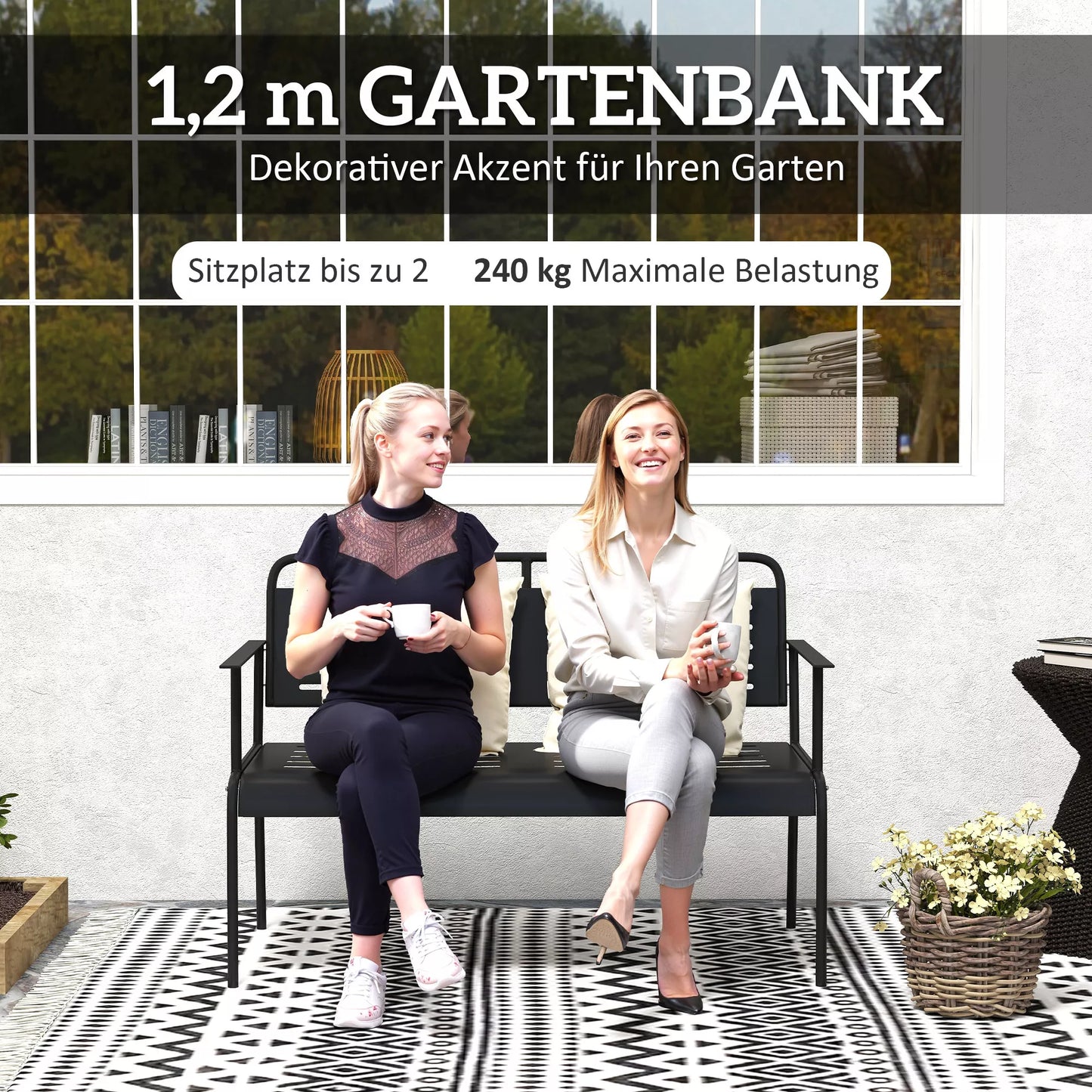 Dvivietis lauko suoliukas, atsparus oro sąlygoms, vandeniui atstumiantys lauko baldai su atlošu ir porankiais 121 x 64 x 84cm, juodas