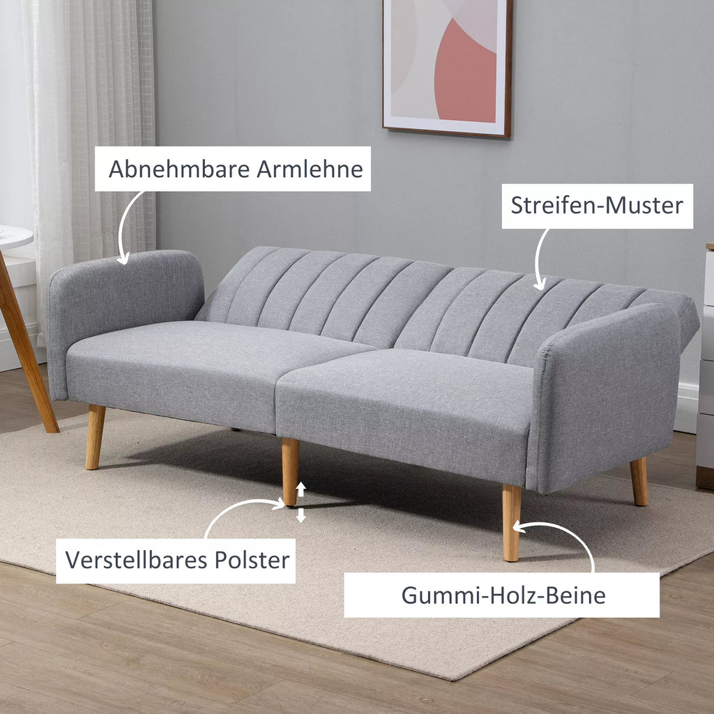 Miegamasis sofos, 2-vietė audinio sofa, sofa su miego funkcija, lino tipo poliesteris, kaučiuko medis, 173 x 75 x 73 cm, pilka