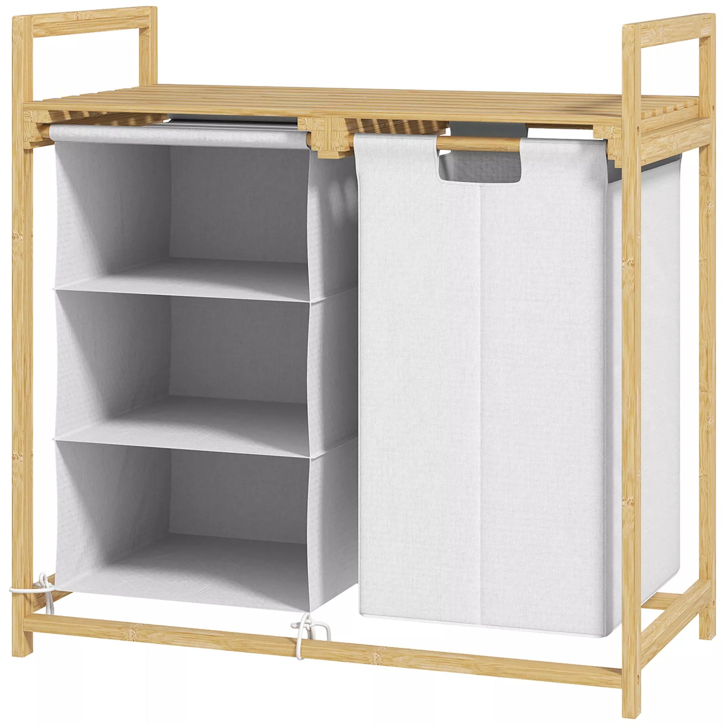 Skalbinių krepšys su skalbinių maišu, audinio stalčius, bambukas, 70x36x70 cm, Balta/mediena