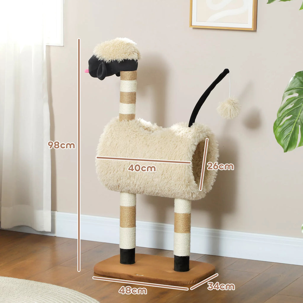 Kačių draskyklė avytės dizaino su tuneliu, 98 cm, ruda