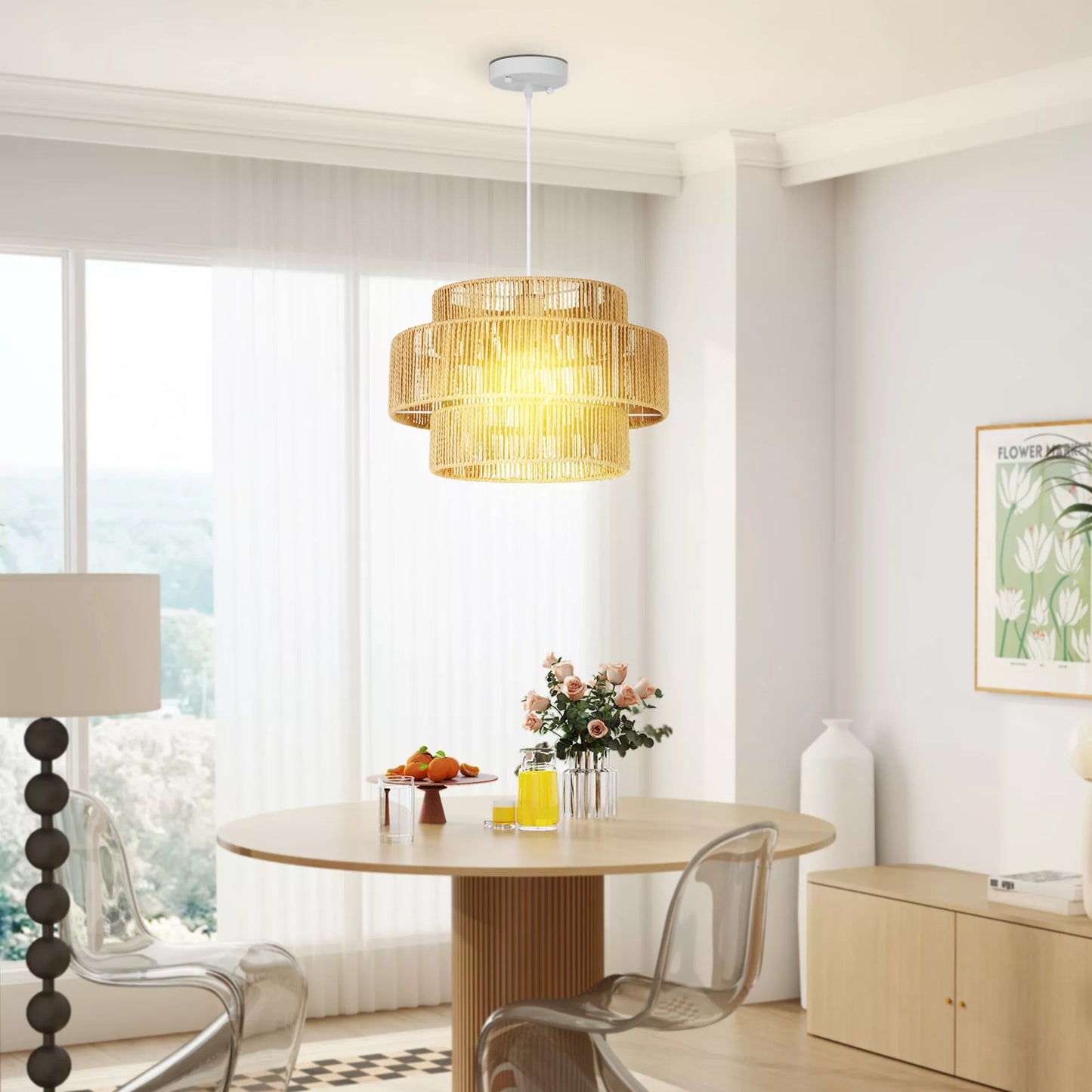 Pakabinamas šviestuvas, 3 pakopų gaubtas, metalas, kanapės virvė, šviesiai rudas