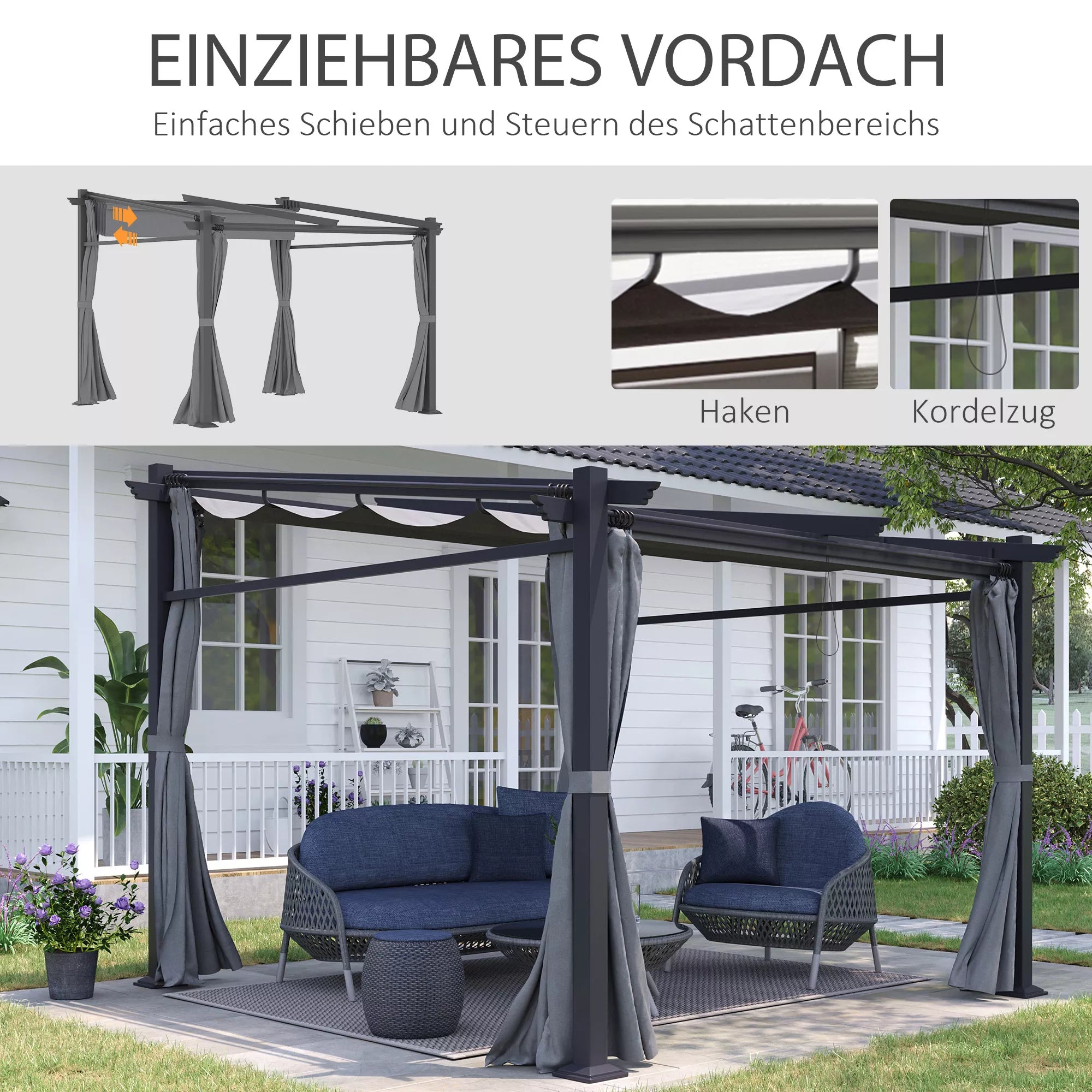 Pergola, įskaitant tvirtinimo medžiagas, ištraukiamas stogas, 2,97 m x 2,95 m x 2,3 m, tamsiai pilka