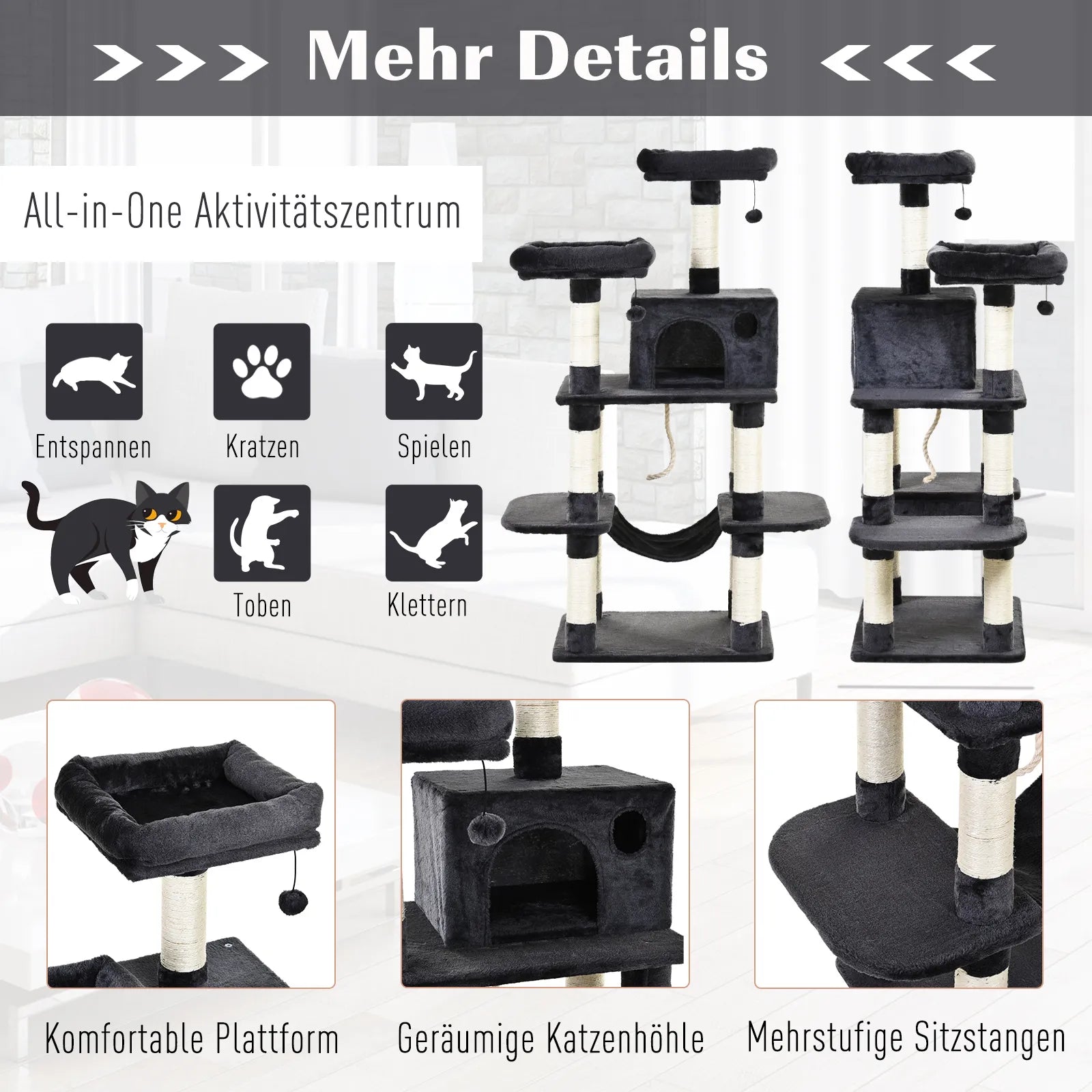 Prabangus katės medis su hamaku ir nameliu, tamsiai pilkas, 60 x 48 x 144 cm