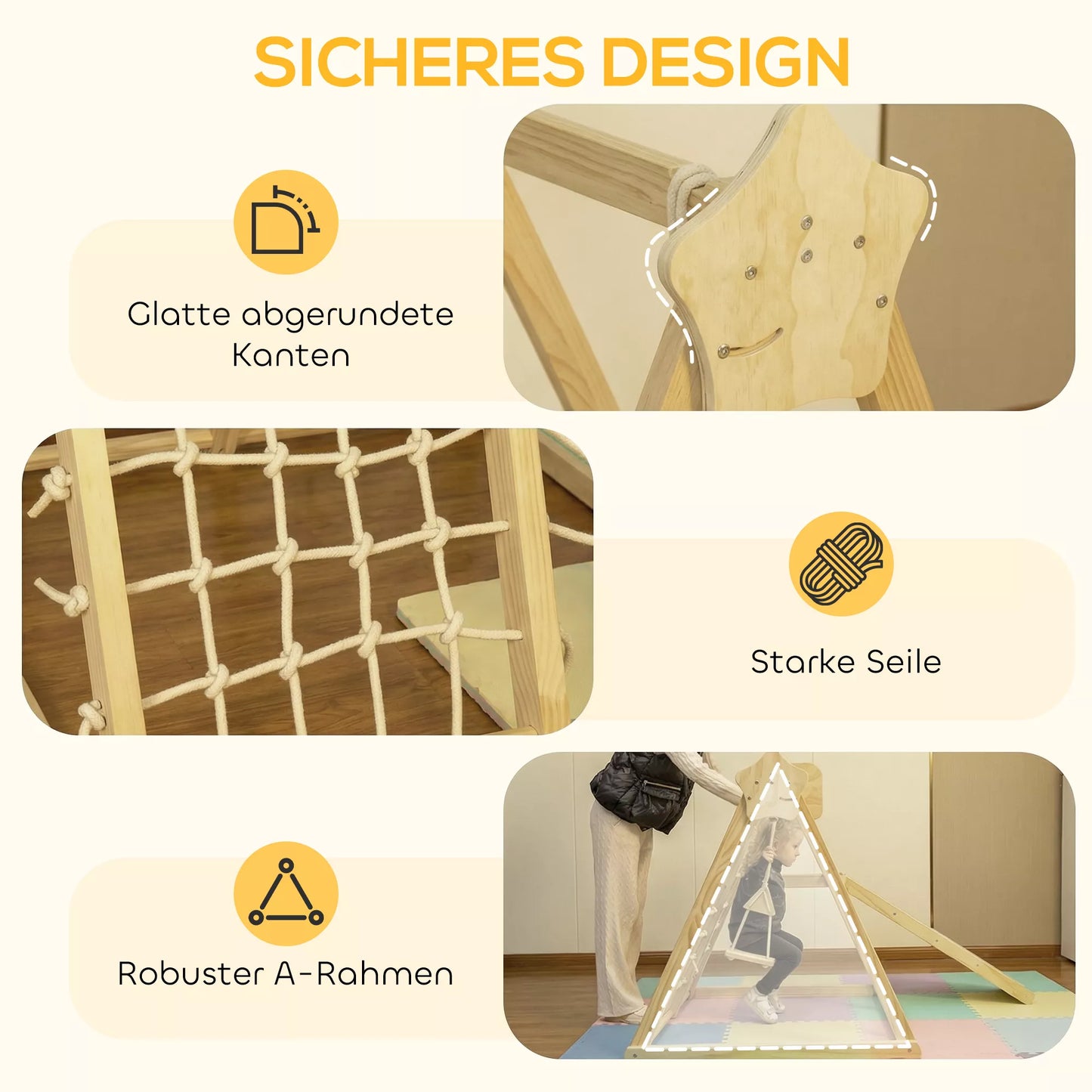 5-in-1 vidaus laipiojimo konstrukcija su čiuožykla, sūpuokle, laipiojimo tinklu, krepšinio stovu, sulankstoma, 3–6 metai, natūralus medis