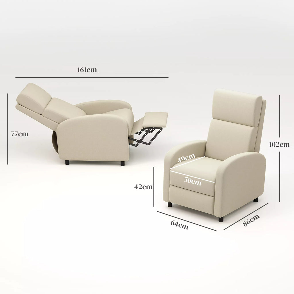 Relaksacinis fotelis Televizijos fotelis, išskleidžiama atrama kojoms, pakreipiamas iki 160°, 64 x 86 x 102 cm, kreminės spalvos