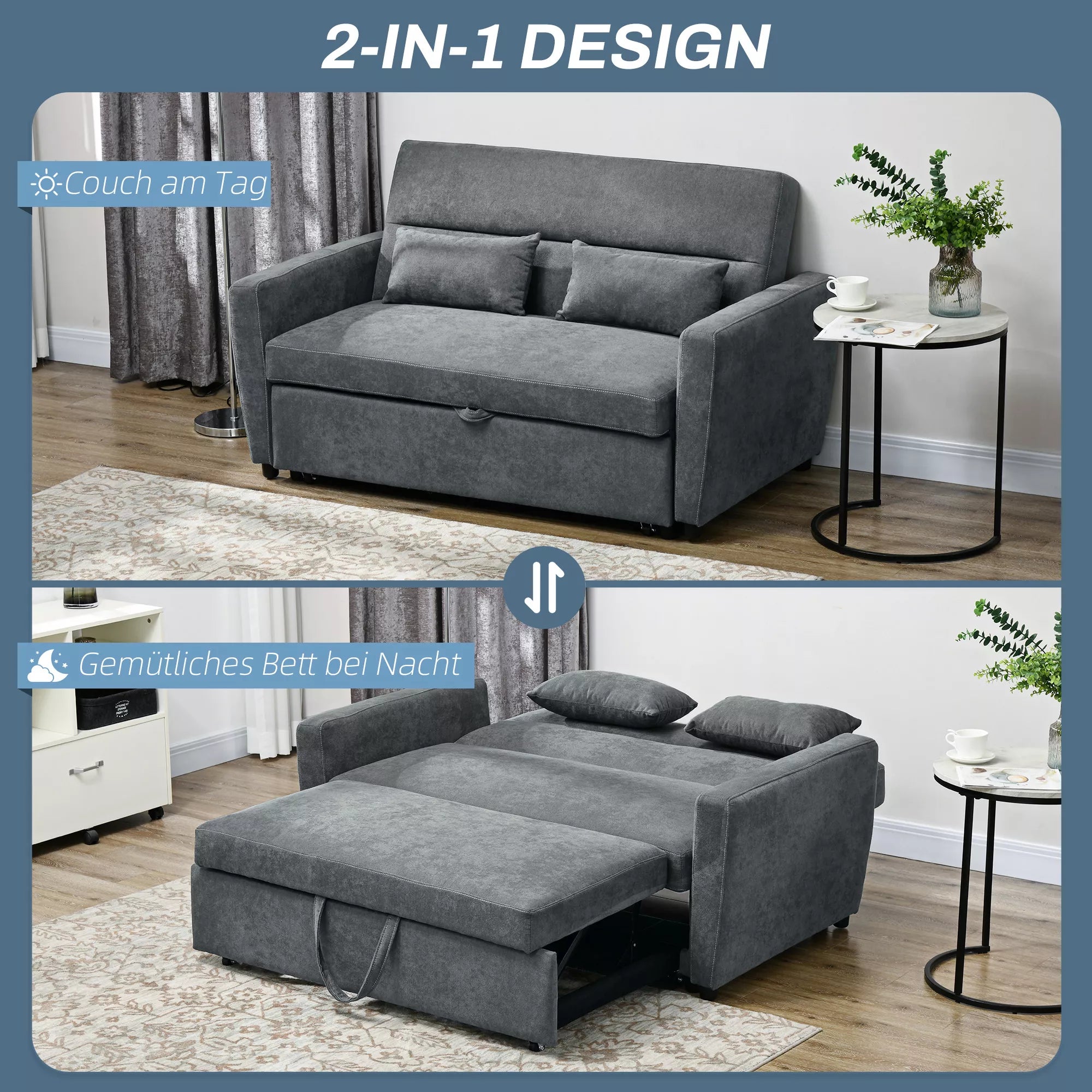 Miegamoji sofa, 2 vietų, išlankstoma, iki 200 kg, medinis rėmas, 155x90x88,5cm, tamsiai pilka