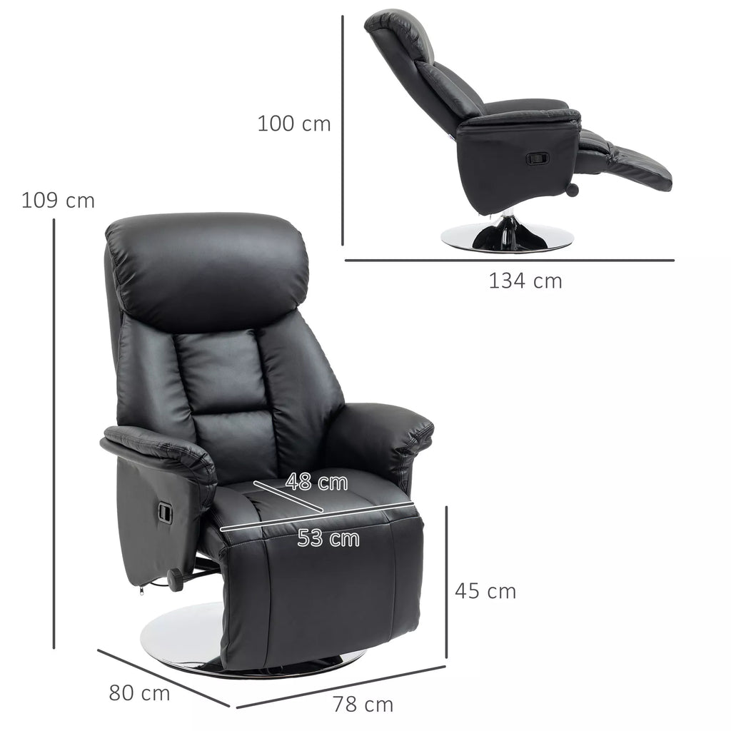 Atpalaiduojantis fotelis, atlošimo funkcija, odos imitacija, atrama kojoms, iki 150 kg, 78 x 80 x 109 cm, juodas