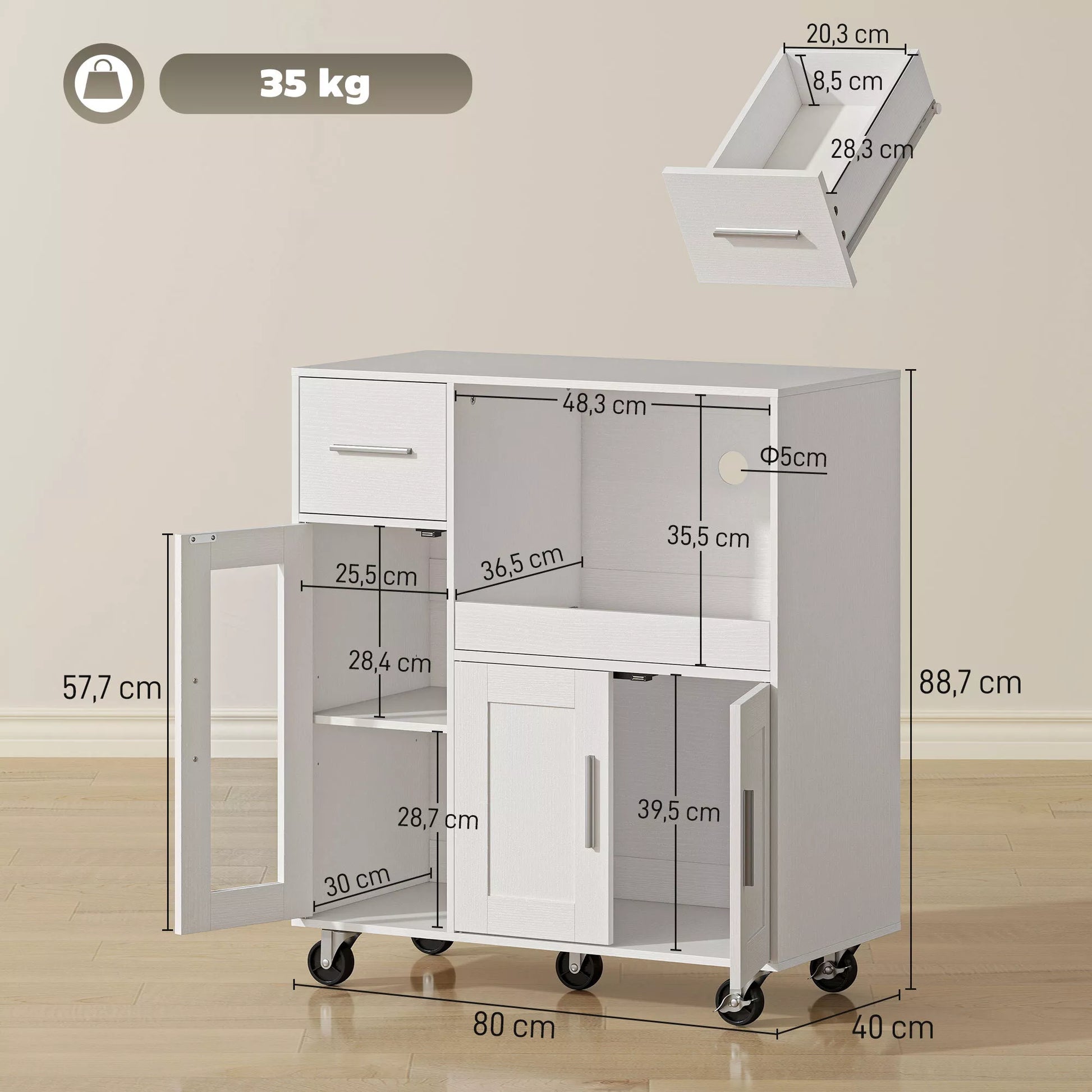 Virtuvės spintelė ant ratukų, mobili virtuvės komoda su lentynomis, stalčiais, reguliuojama lentyna, kabelio anga, balta