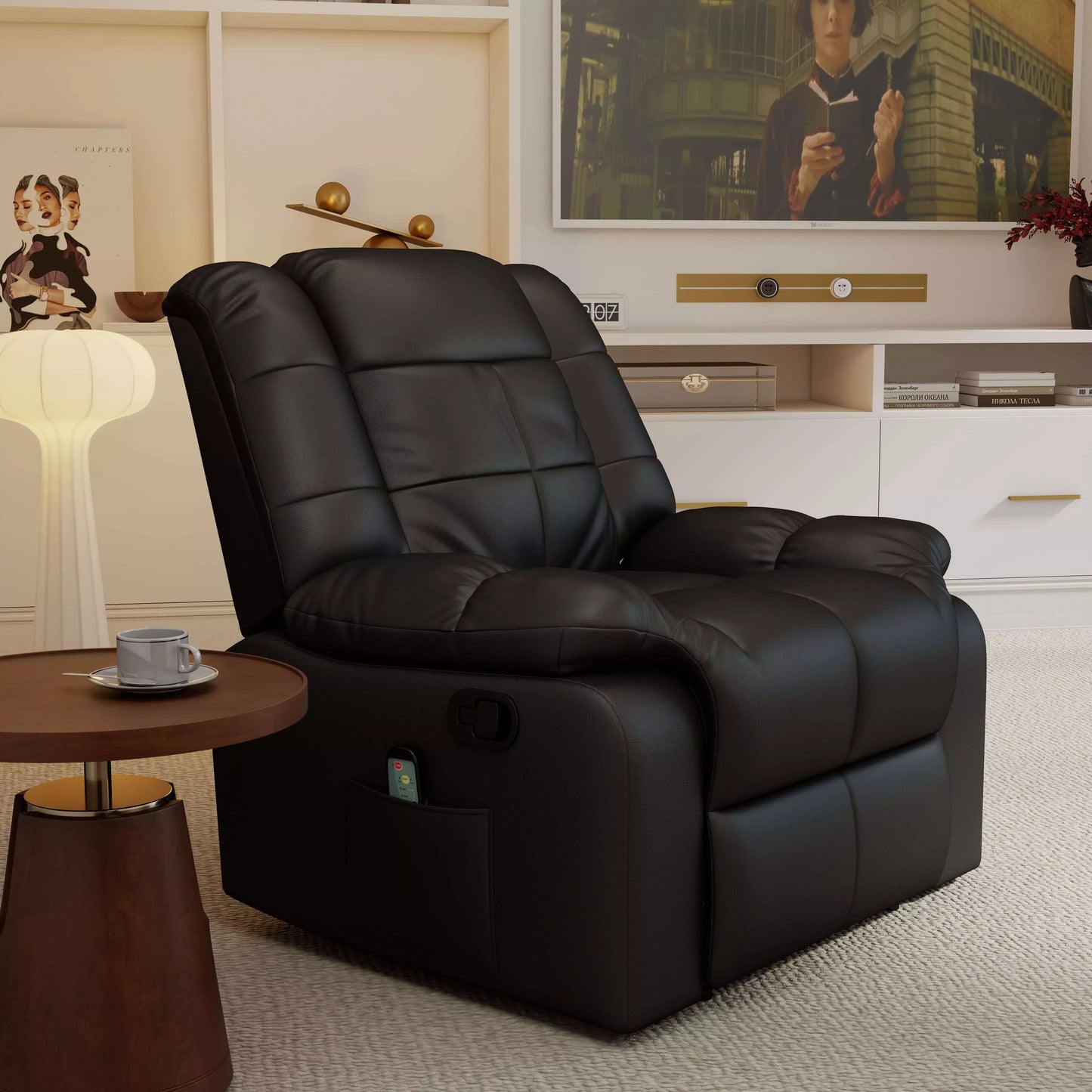 Masažinė kėdė, atlošiama kėdė, 8 vibracijos taškai, gulėjimo funkcija, dirbtinė oda, juoda, 94x99x99cm