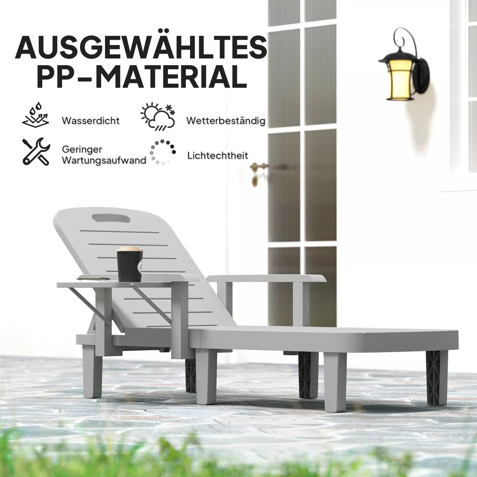 Saulės gultas Sodo gultas su šoniniu staliuku Medžio imitacijos gultas su 5 pakopų reguliuojamu atlošu Šviesiai pilkos spalvos