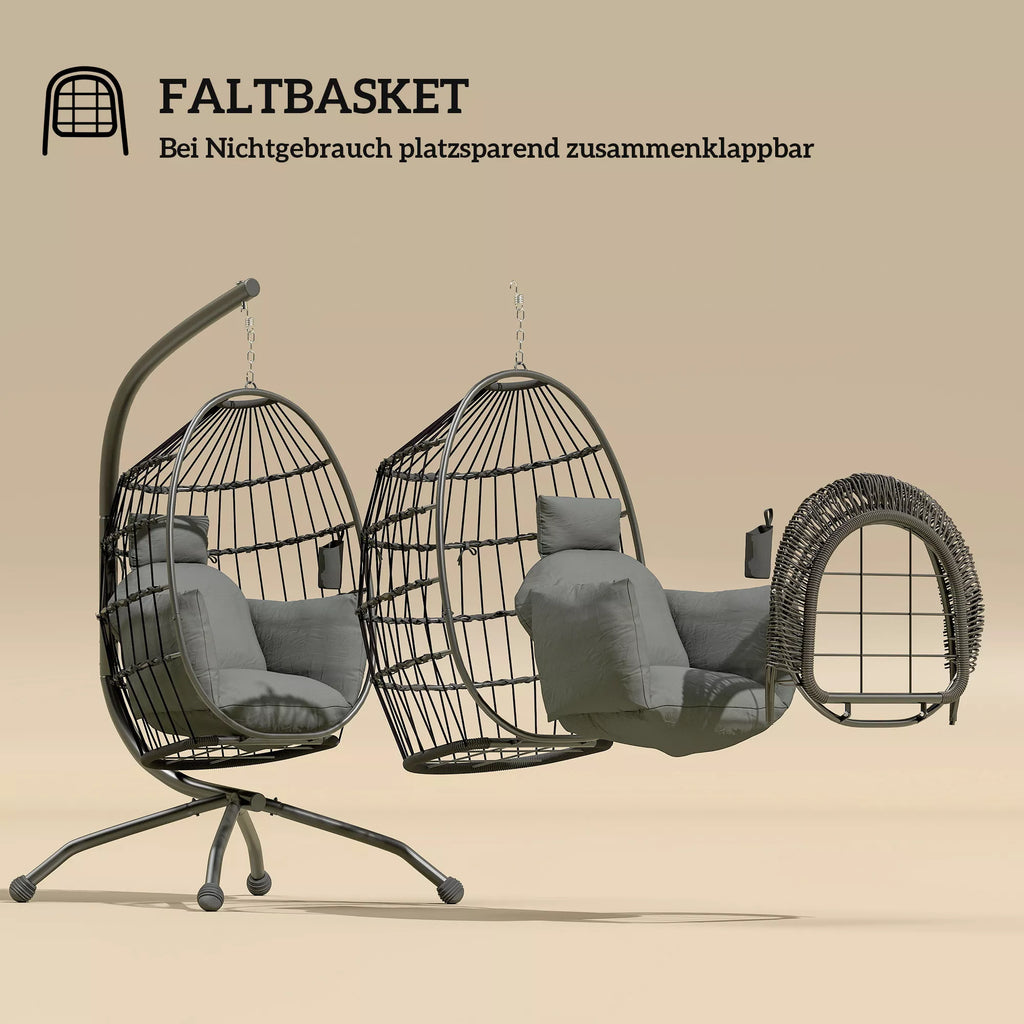 Kabanti lauko sūpynė su sulankstoma pintine sėdyne ir storomis pagalvėlėmis, stovu, galvos atrama, puodelių laikikliu, juoda
