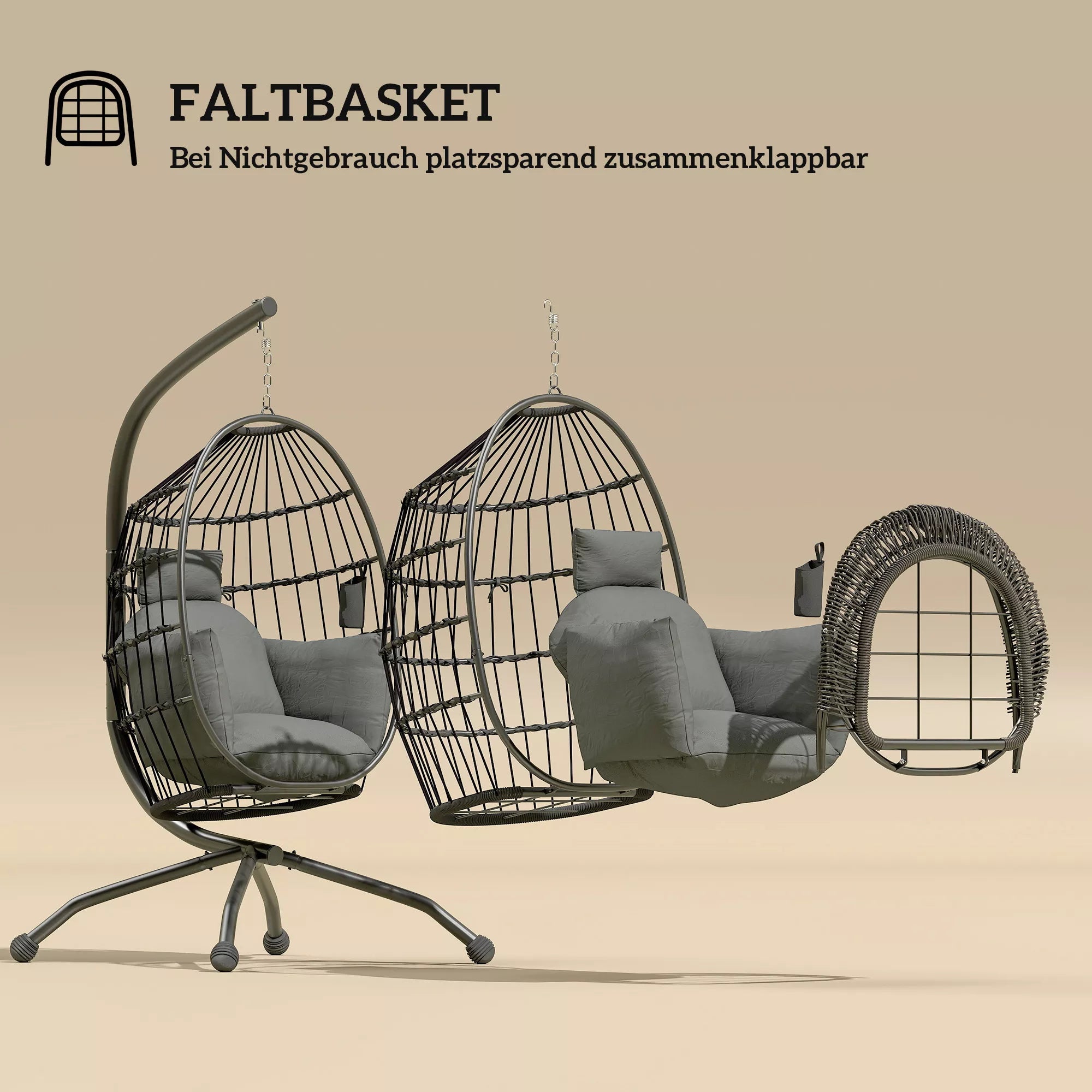 Kabanti lauko sūpynė su sulankstoma pintine sėdyne ir storomis pagalvėlėmis, stovu, galvos atrama, puodelių laikikliu, juoda