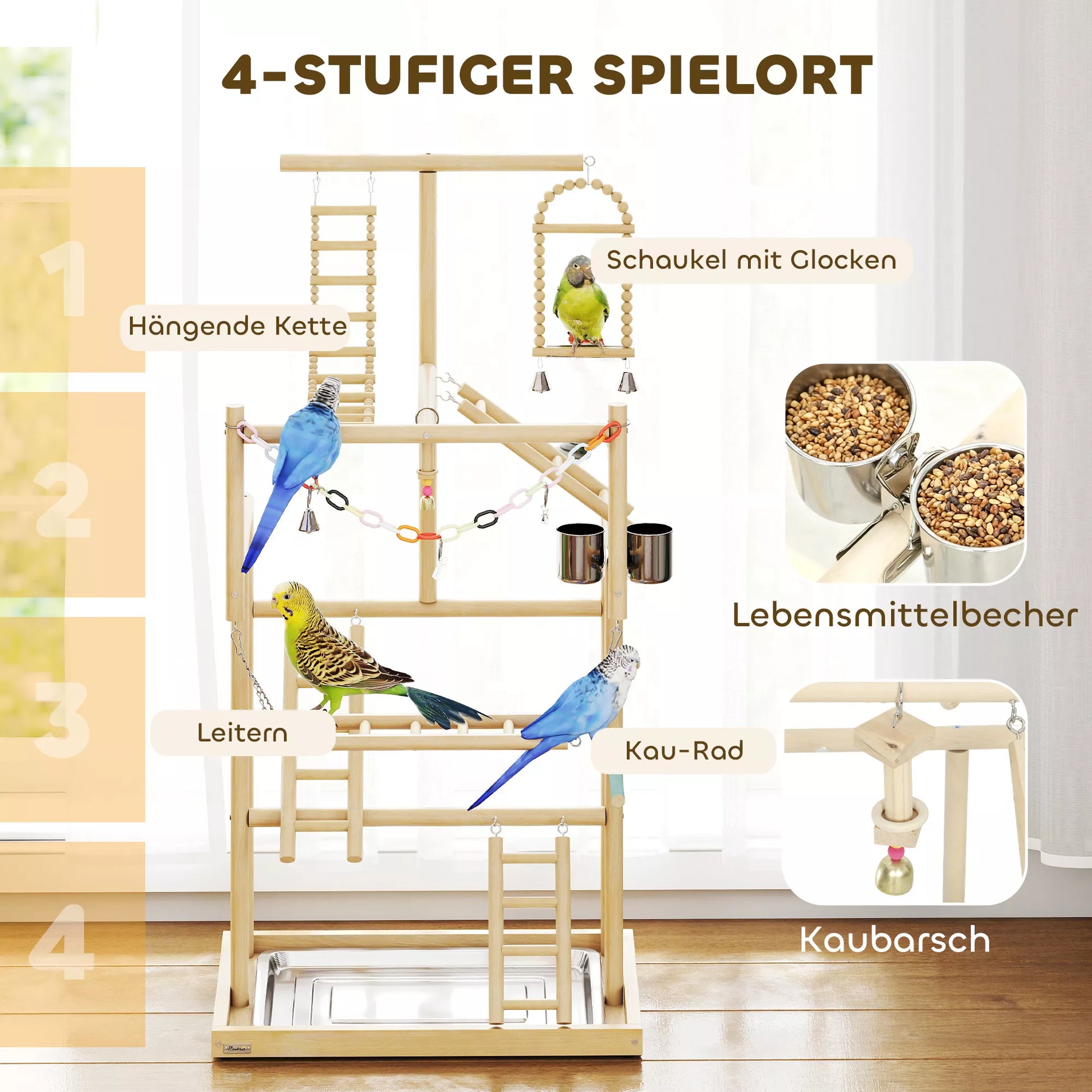 Paukščių stovas, paukščių stovo rinkinys, 4 lygiai, nerūdijančio plieno padėklas, žaislai, natūralus medis