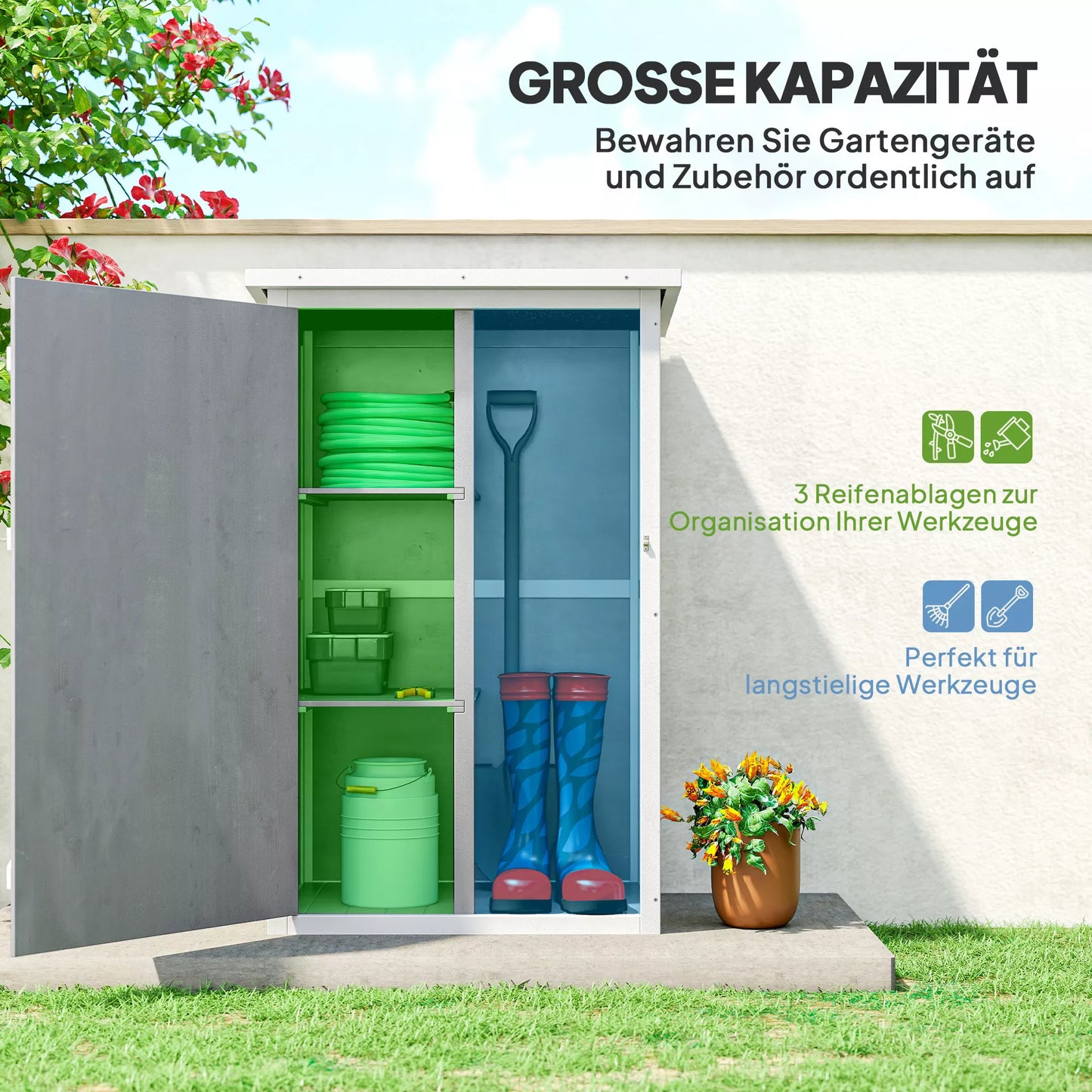 Atsparus oro sąlygoms sodo namelis su lentynomis, 75 x 56 x 115 cm, pilkas