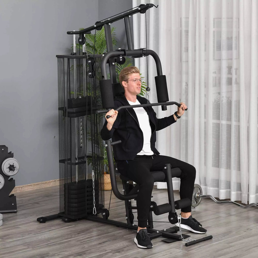 Jėgos stotis „Fitnessstation“ daugiafunkcinis treniruoklis jėgos treniruotėms su virve, 45 kg svarmenimis, juodos spalvos