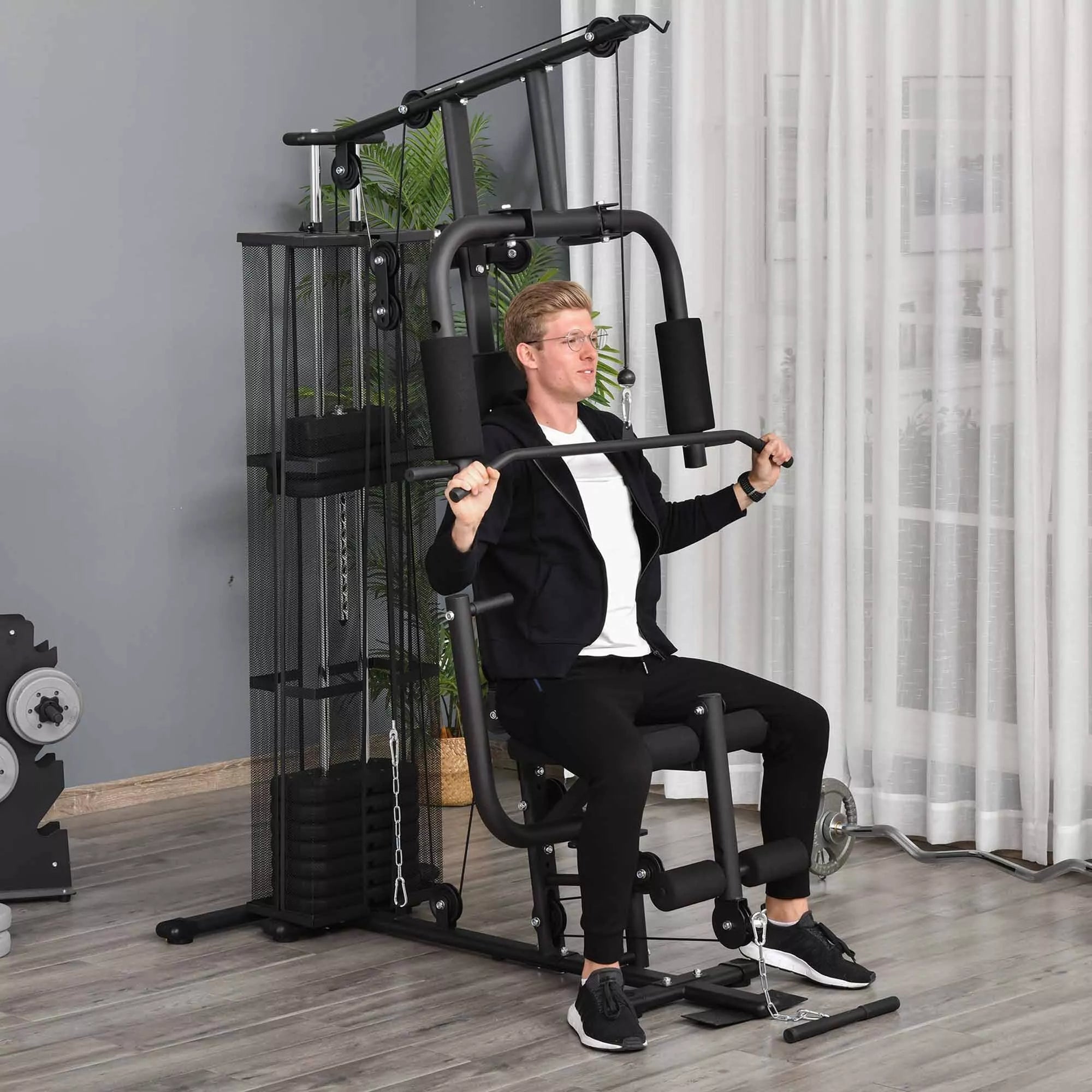 Jėgos stotis „Fitnessstation“ daugiafunkcinis treniruoklis jėgos treniruotėms su virve, 45 kg svarmenimis, juodos spalvos