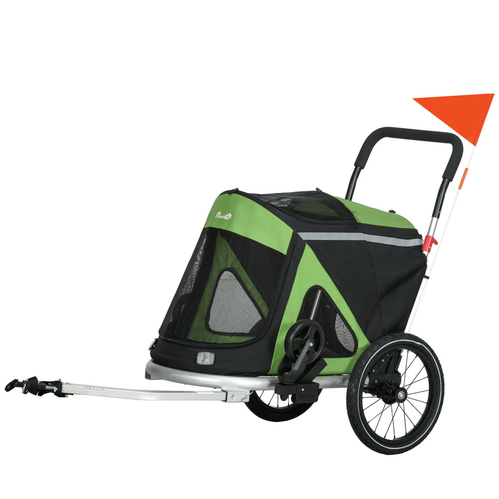 2-in-1 šunų vežimėlis Šunų bėgimo vežimėlis Dviračių priekaba iki 20 kg 2 atšvaitai 1 saugos virvė 150 x 68 x 95 cm Žalia