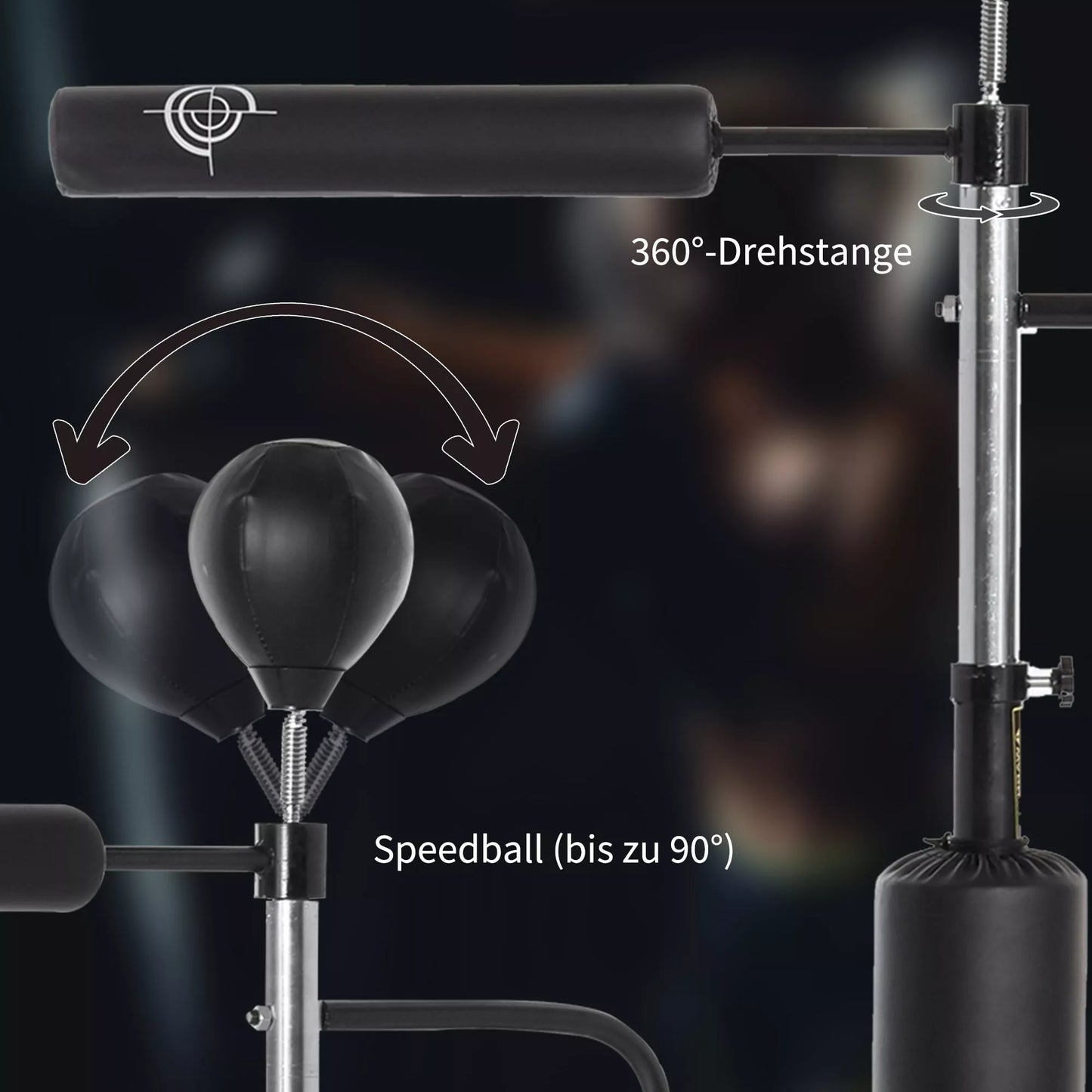 Bokso stovas "Standbox-Trainer" su 2 greičio kamuoliukais, atspindinčiu strypu ir siurbtukiniu pagrindu, 160-230cm reguliuojamas aukštis. Tinka suaugusiems, paaugliams. Juodas