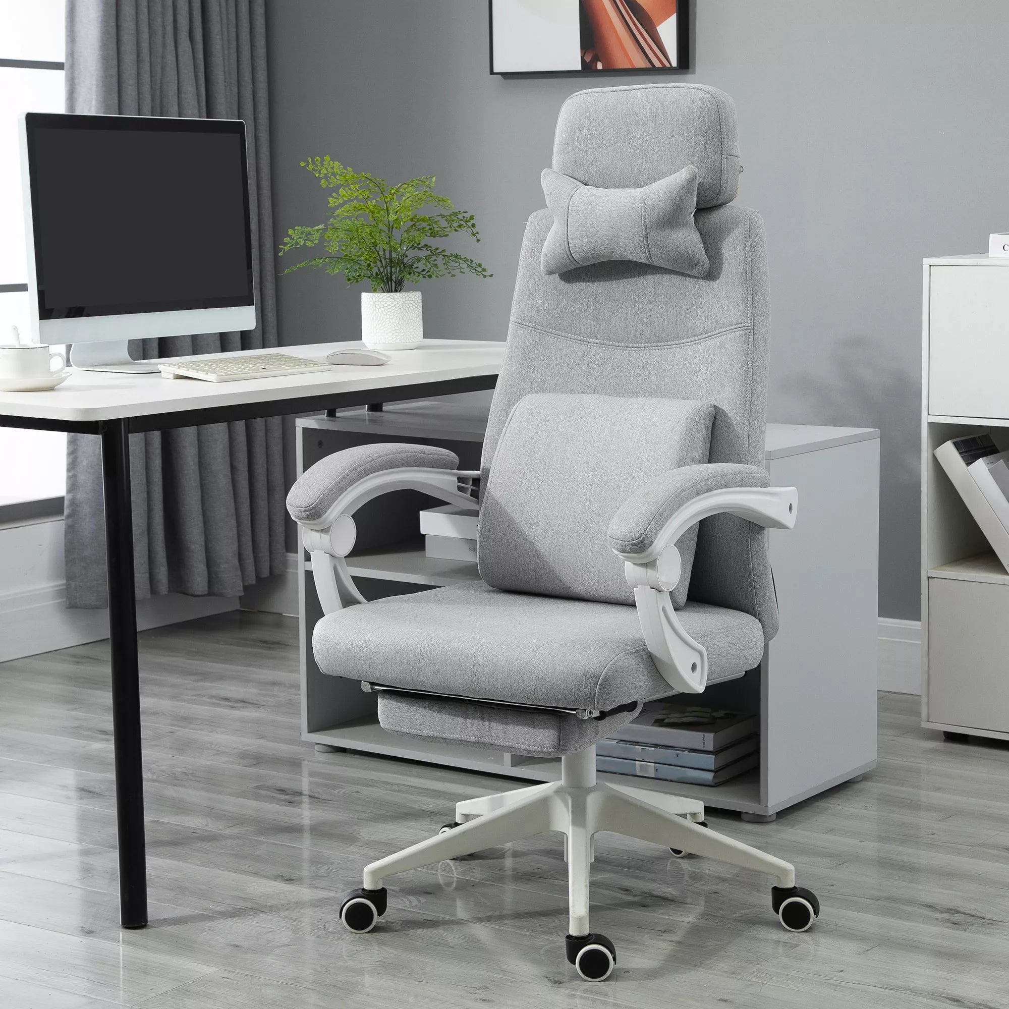 Biuro kėdė ergonomiška su atrama kojoms ir pagalvėmis, pilka