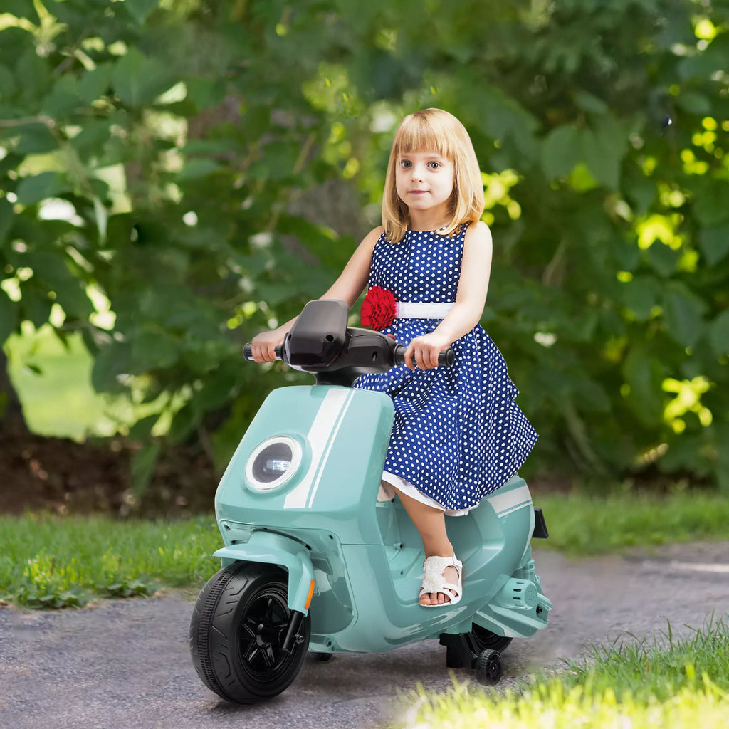6 V elektrinis motociklas vaikams, su žibintais ir muzika, priekinė ir atbulinė eiga, pagalbiniai ratai, 18–36 mėnesių, žalias