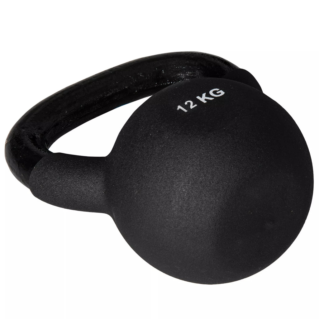 Kettlebell, rutulinis hantelis, 12 kg, su plastiko apvalkalu, plienas, juodas 20 x 13 x 22 cm