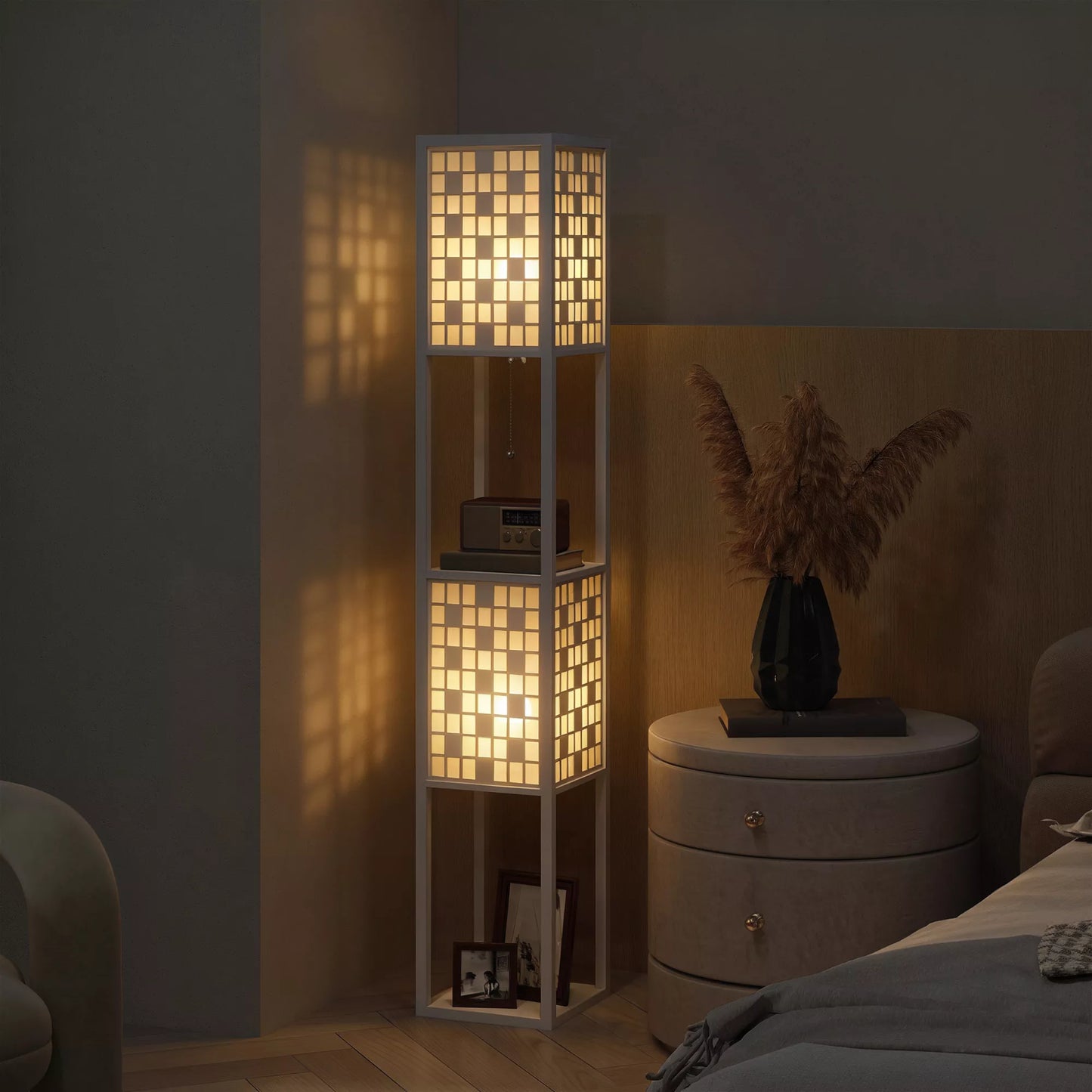 Stovas, grotelės, 2 lygmenų lentynos, skirtas įvairioms lemputėms, baltas