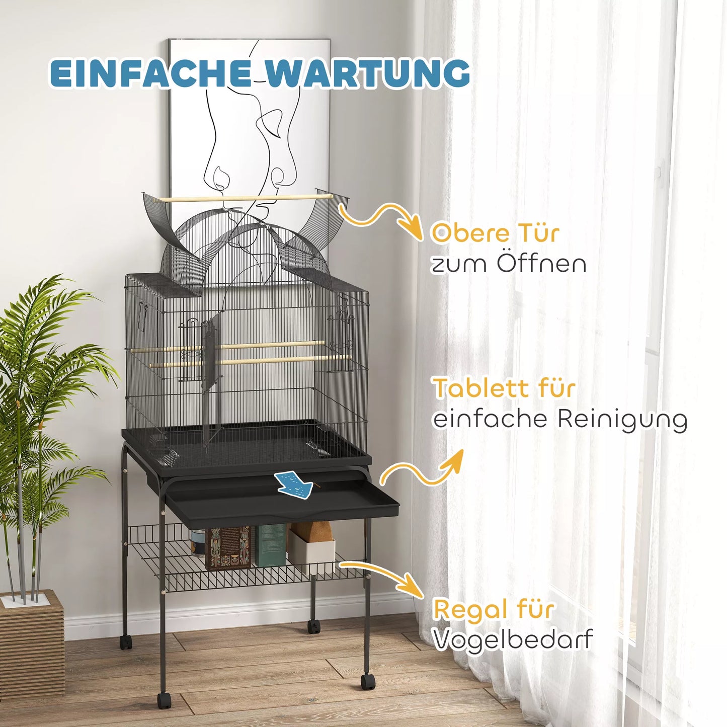 Mobilus paukščių narvas kanarėlėms ir banguotiesiems papūgėlėms, su dugno skyriumi, metaliniu tinkleliu, juodas