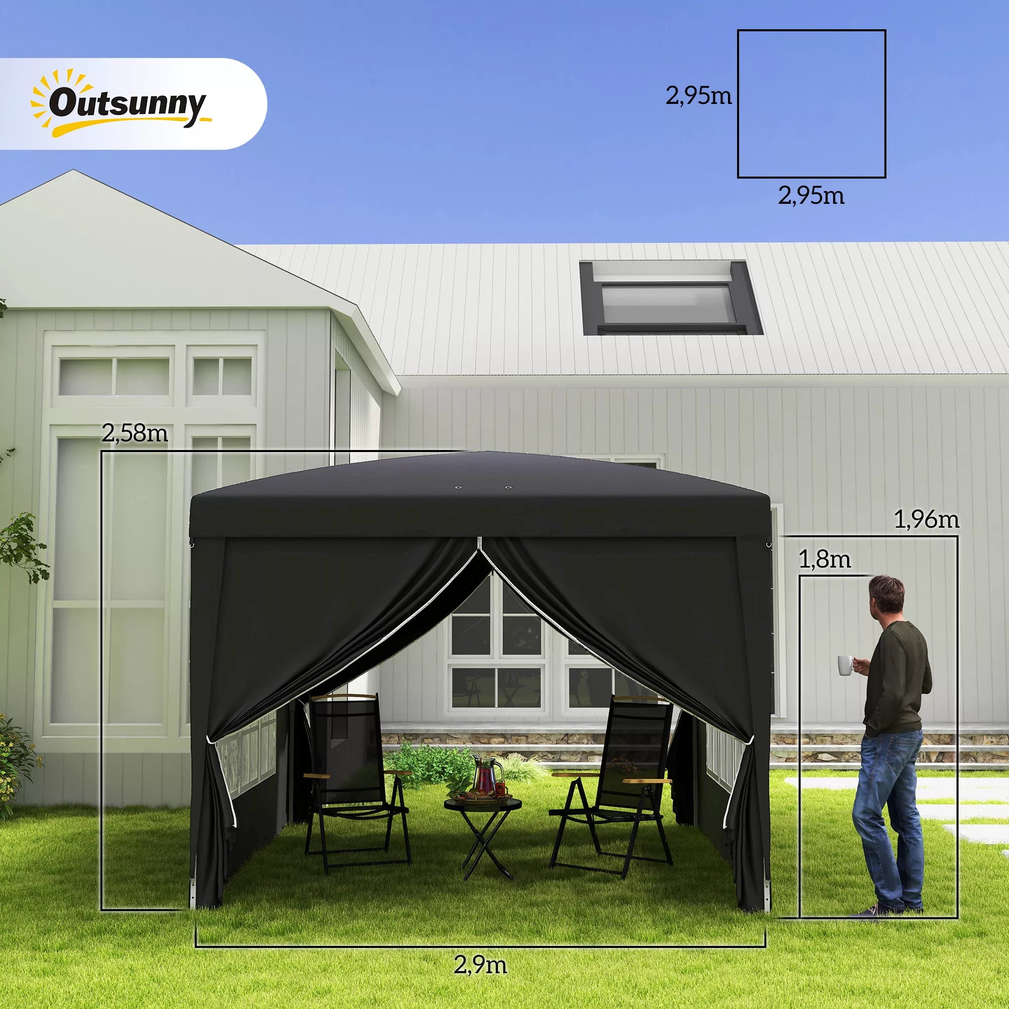 Paviljono schema su matmenimis 2,95 ir 2,5 m bei žmogaus siluetu