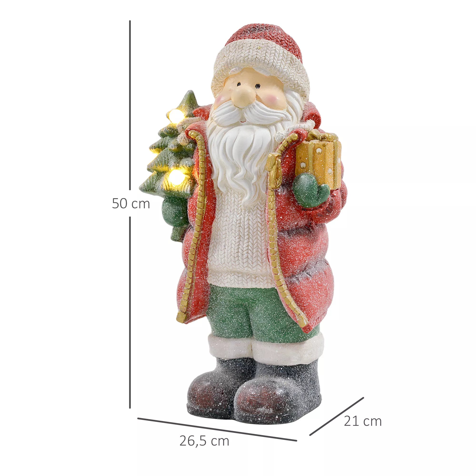 HOMCOM Kalėdų Senelio figūrėlė su eglute ir dovana, 3 šiltai baltos LED lemputės, maitinamas baterijomis, 50 cm