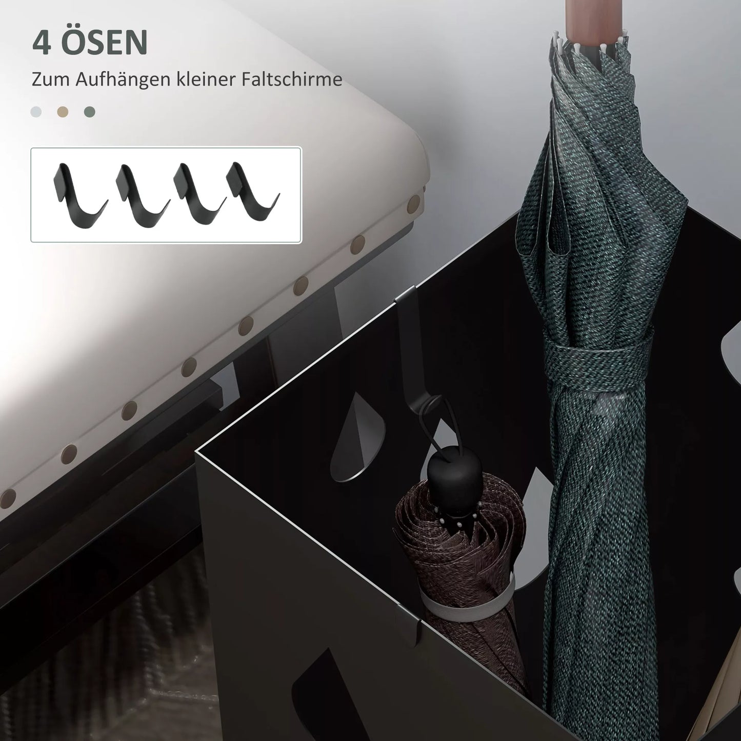 Skėčių stovas, 4 kabliukai, dėklas lašams, plienas, juodas