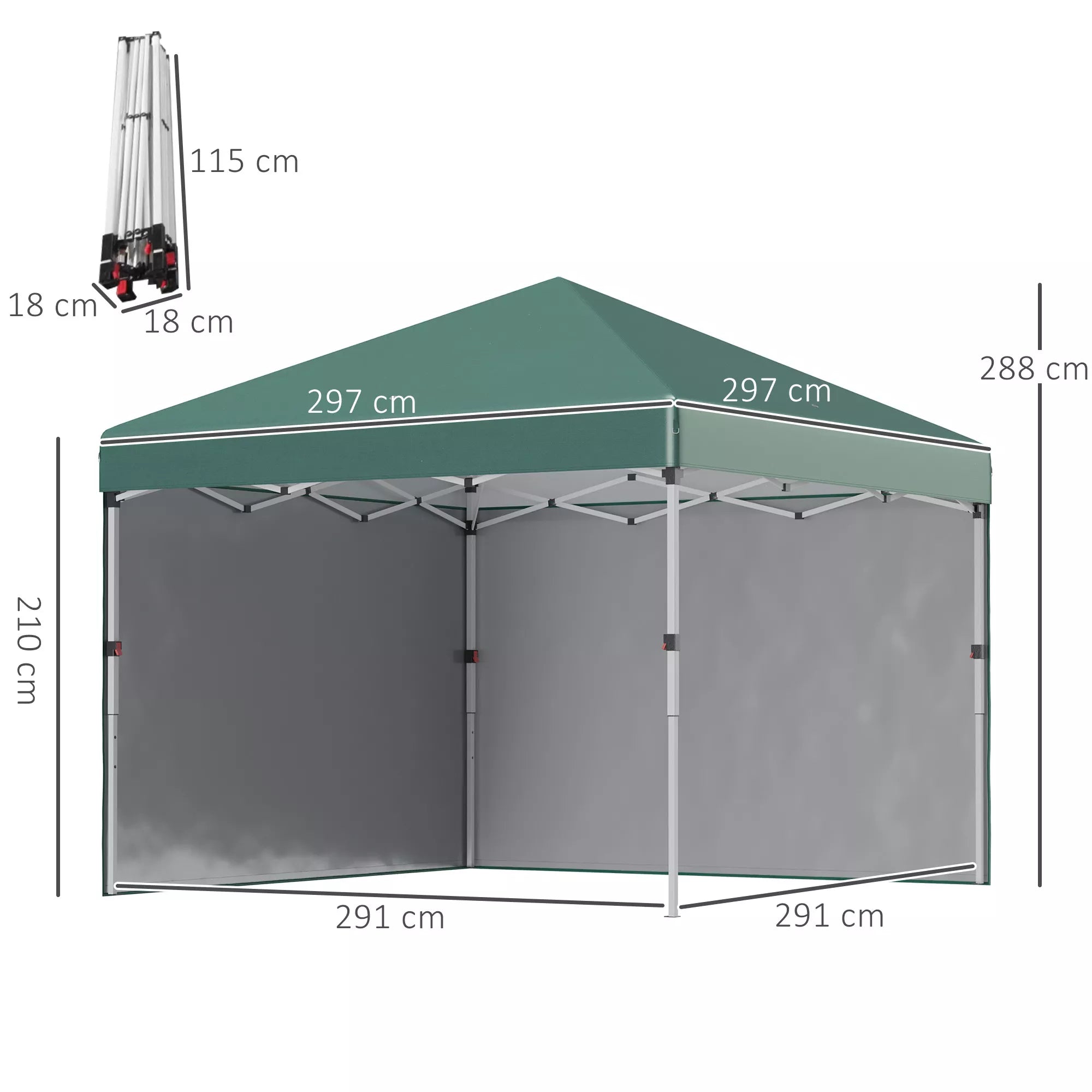 Suldamasis paviljonas, 2 šoninės sienelės, reguliuojamas aukštis, su transportavimo krepšiu, nerūdijančio plieno rėmas, 3 x 3 m, žalias