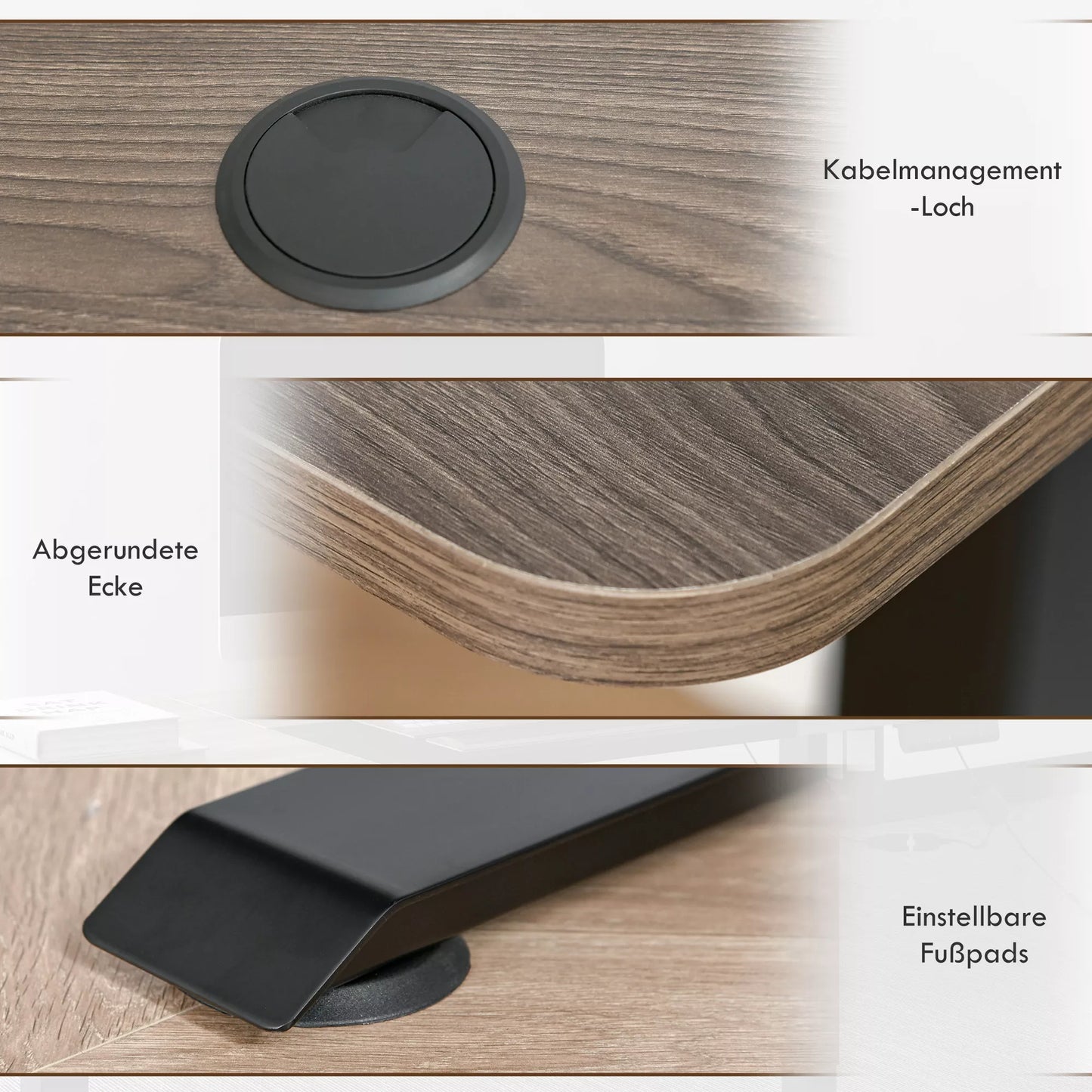 Elektrinis aukščio reguliavimo stalas 140 x 70 cm, 4 atminties nustatymai, 4 dalių stalviršis, stovimo-sėdėjimo stalas su anti-kolizijos funkcija, apsauga nuo perkaitimo, juodas