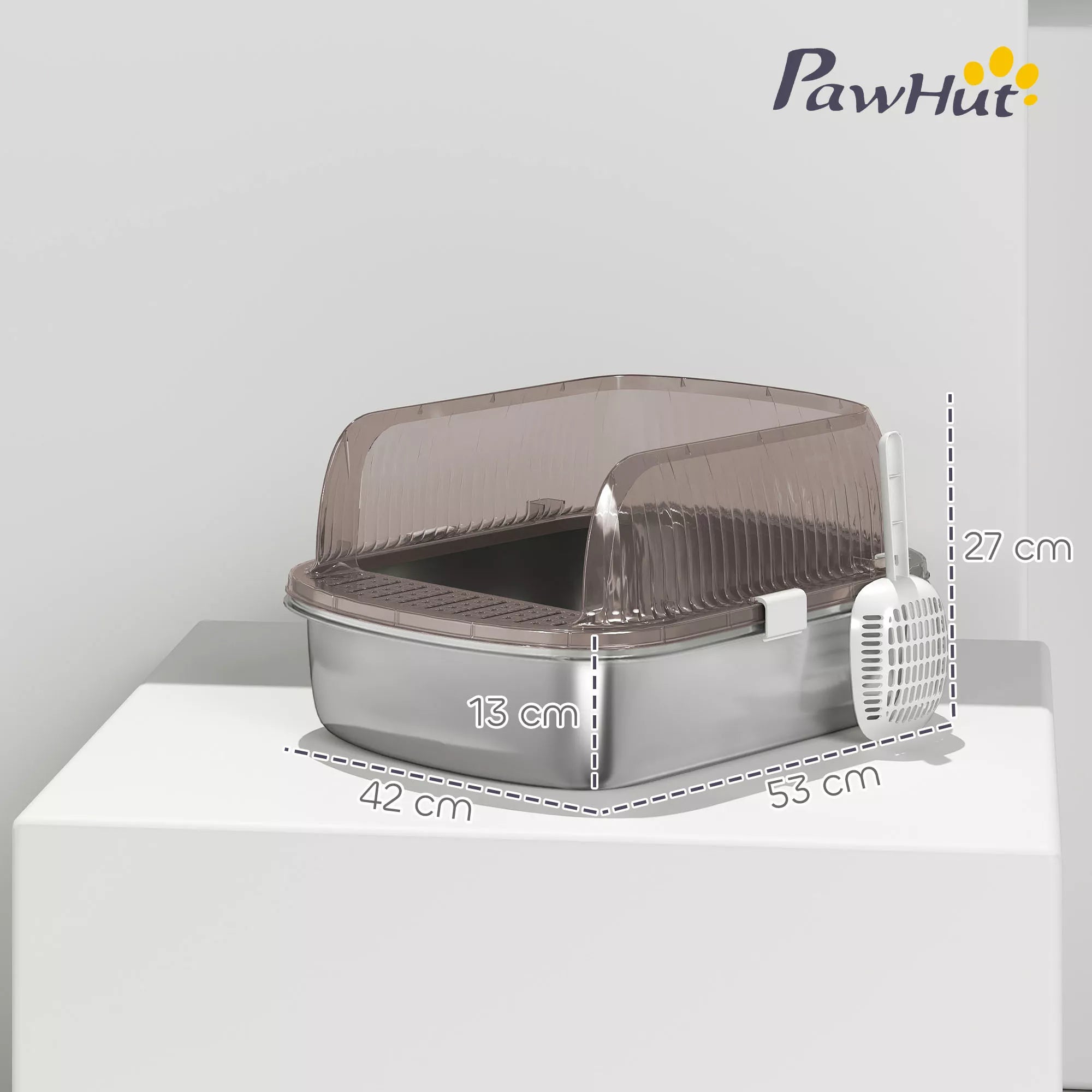 Katės tualetas iš nerūdijančio plieno, katės tualetas su aukštu kraštu, vonia, su kastuvu, skirtas didelėms katėms, 53x42x27 cm, anglies pilkos spalvos