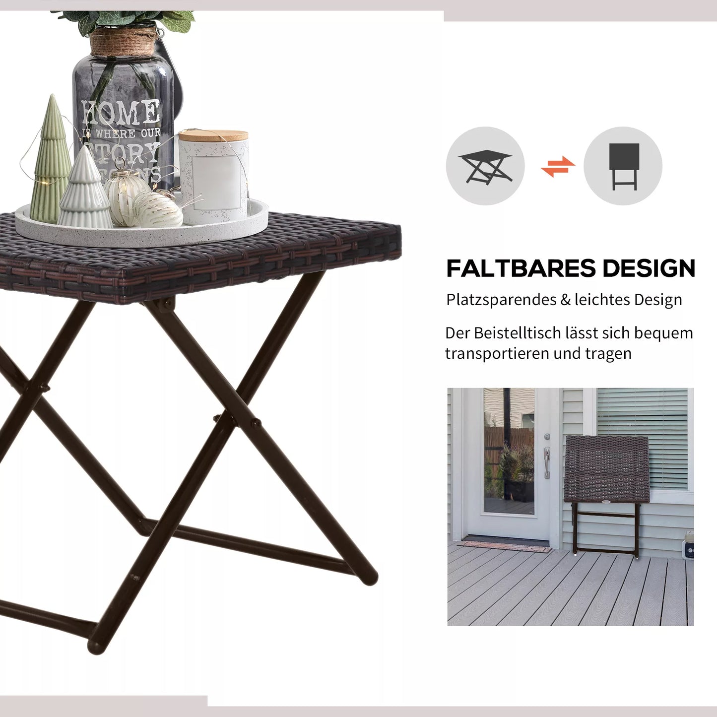 Sulankstomas poliratano staliukas, kavos, svetainės, balkono, sodo, arbatos staliukas, sodo baldai, ratano staliukas sodui, terasai, balkonui, 40x40x40cm, rudas