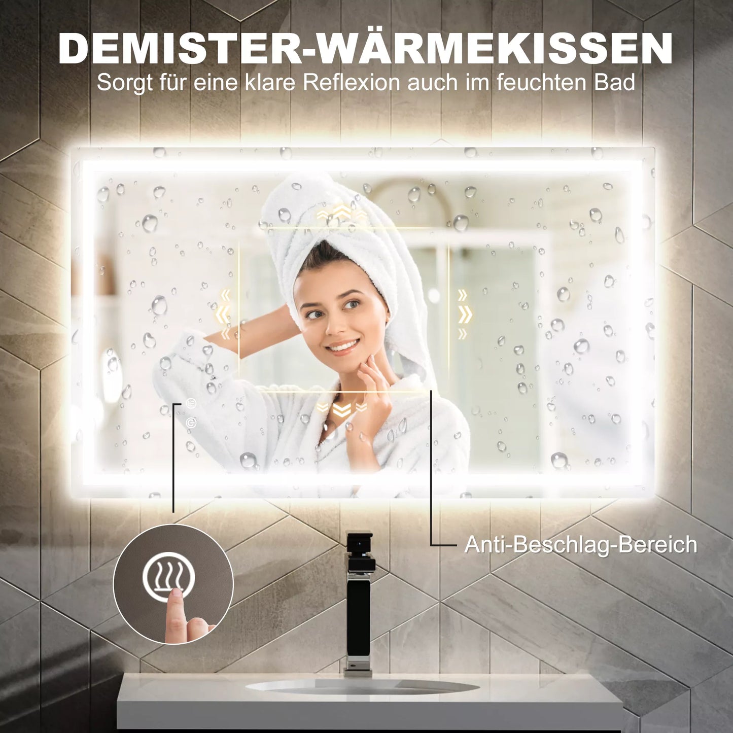 LED vonios veidrodis, reguliuojamas ryškumas, apsauga nuo rasojimo, atsparus vandeniui