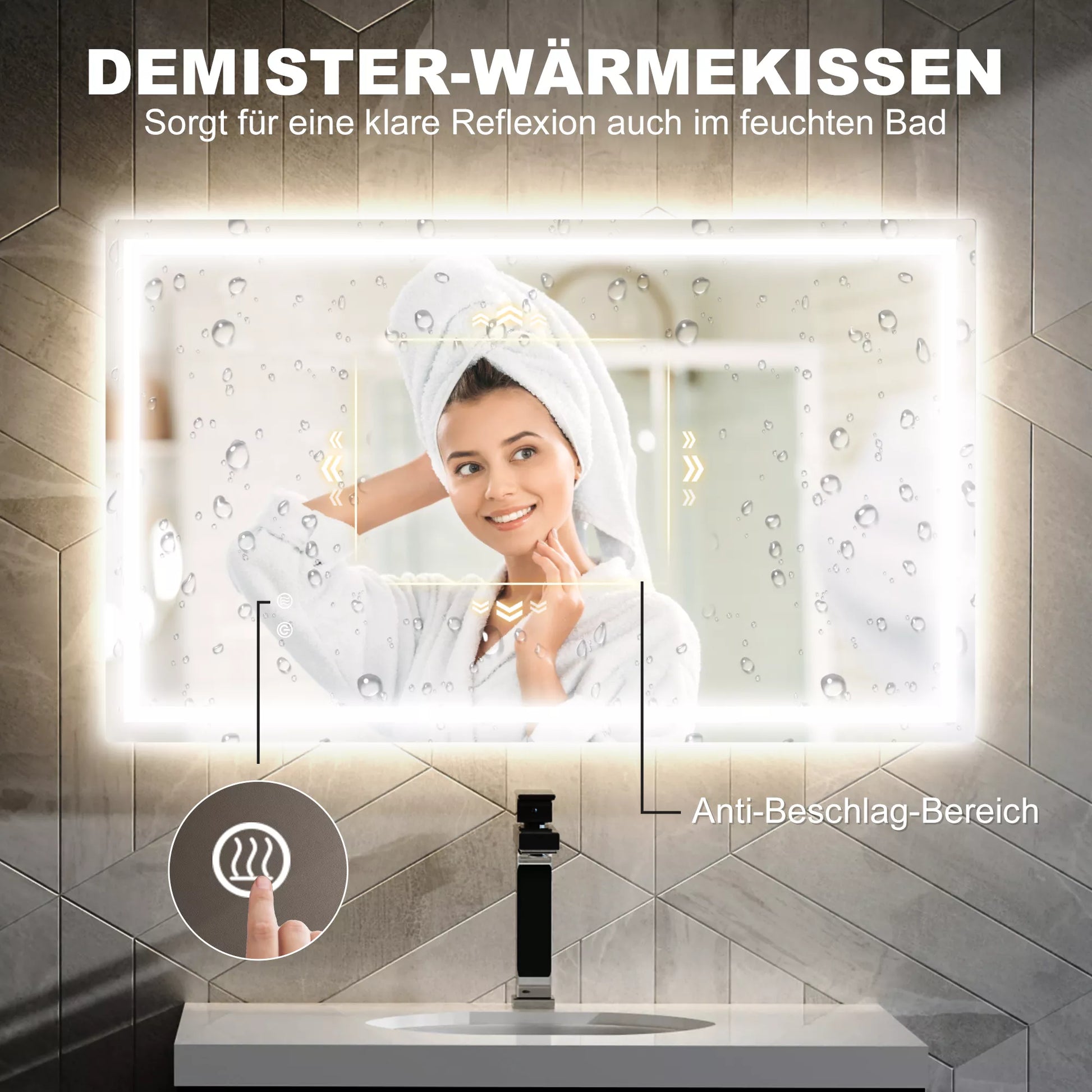 LED vonios veidrodis, reguliuojamas ryškumas, apsauga nuo rasojimo, atsparus vandeniui