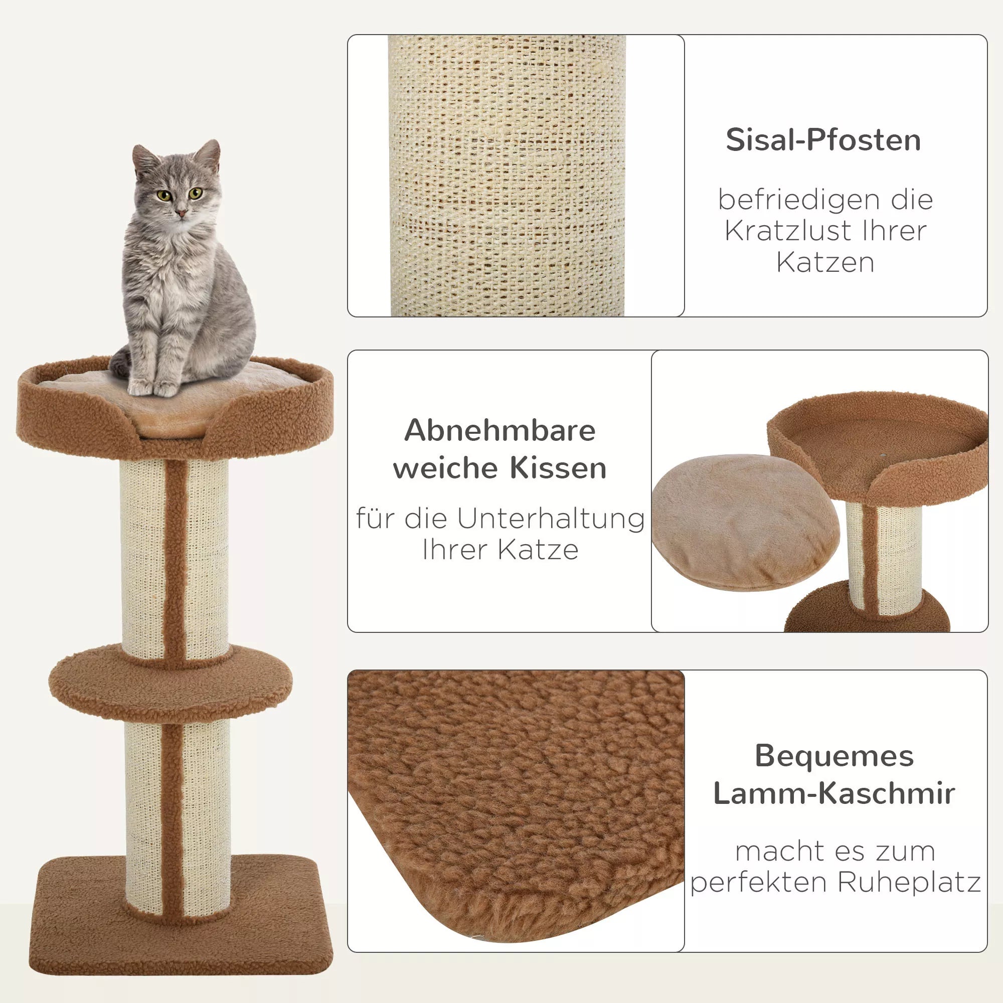 Kratzbaum 91 cm Katės bokštas su sizalio kamienais, platforma, pagalvėlėmis Daugiaaukštis katės braižymo medis, laipiojimo medis, vidutinio dydžio katėms, šviesiai rudos spalvos
