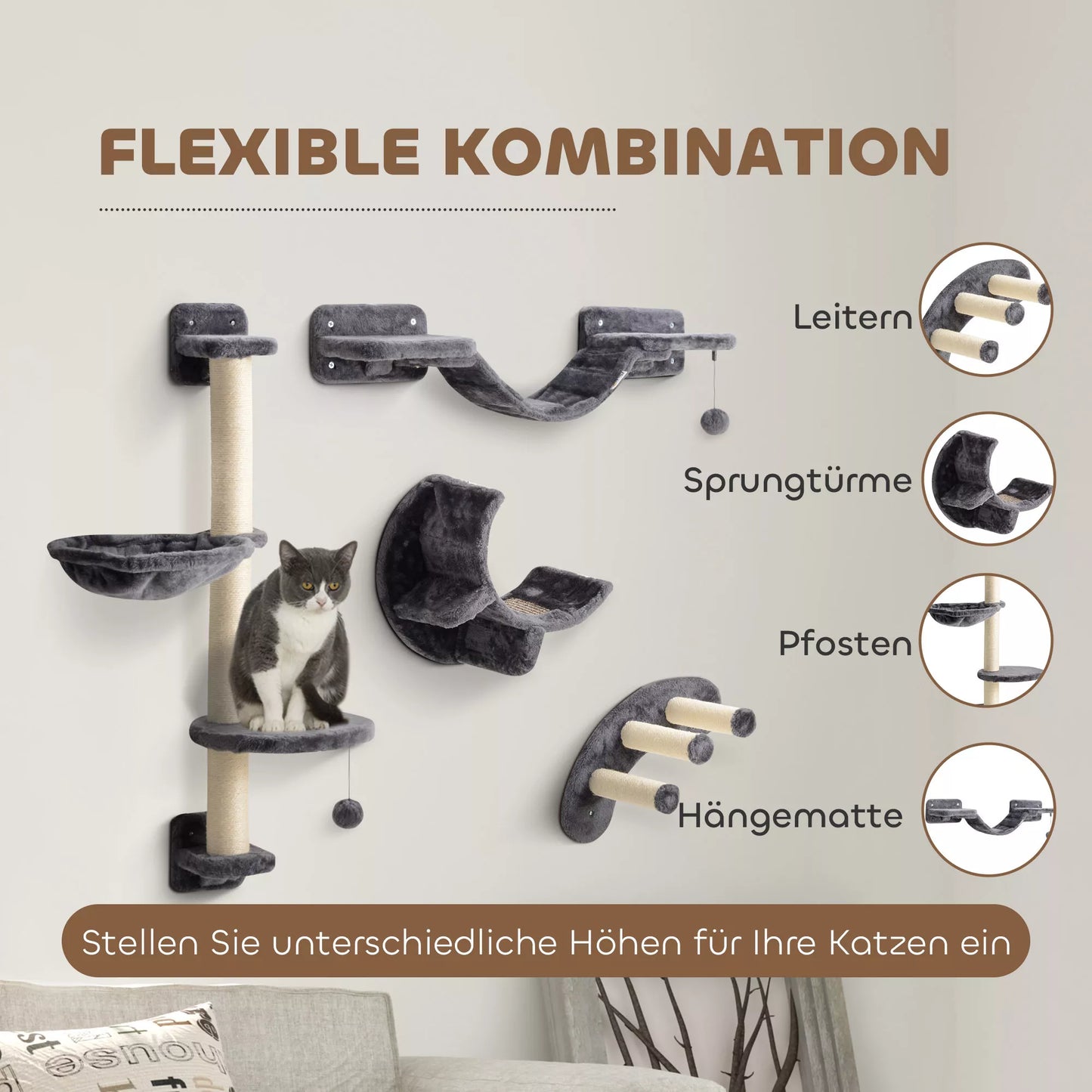 4 dalių katės laipiojimo sienelės komplektas su hamaku, katės tilteliu, iki 5 kg, tamsiai pilkas