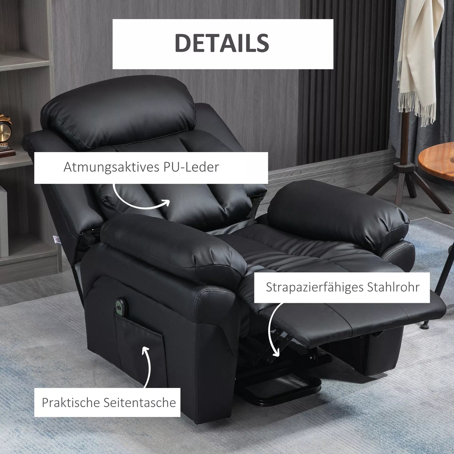 Atlošiamas fotelis su pagalba atsikeliant, įsk. kojų ir galvos atramas, 1 nuotolinio valdymo pultelis, juodas