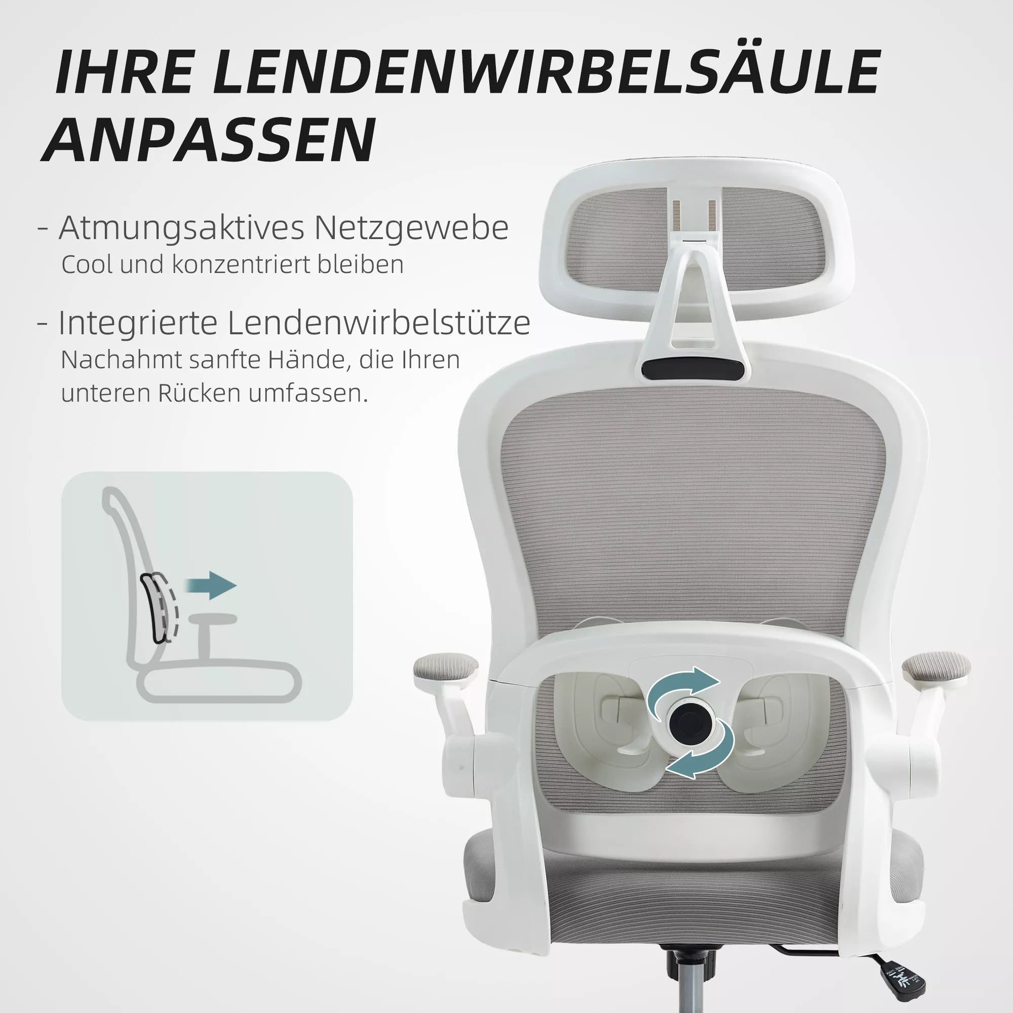 Ergonomiška biuro kėdė su tinklinės medžiagos atlošu, reguliuojamo aukščio, sulankstomais porankiais, 5 ratukais, sūpynės funkcija, pilkos spalvos