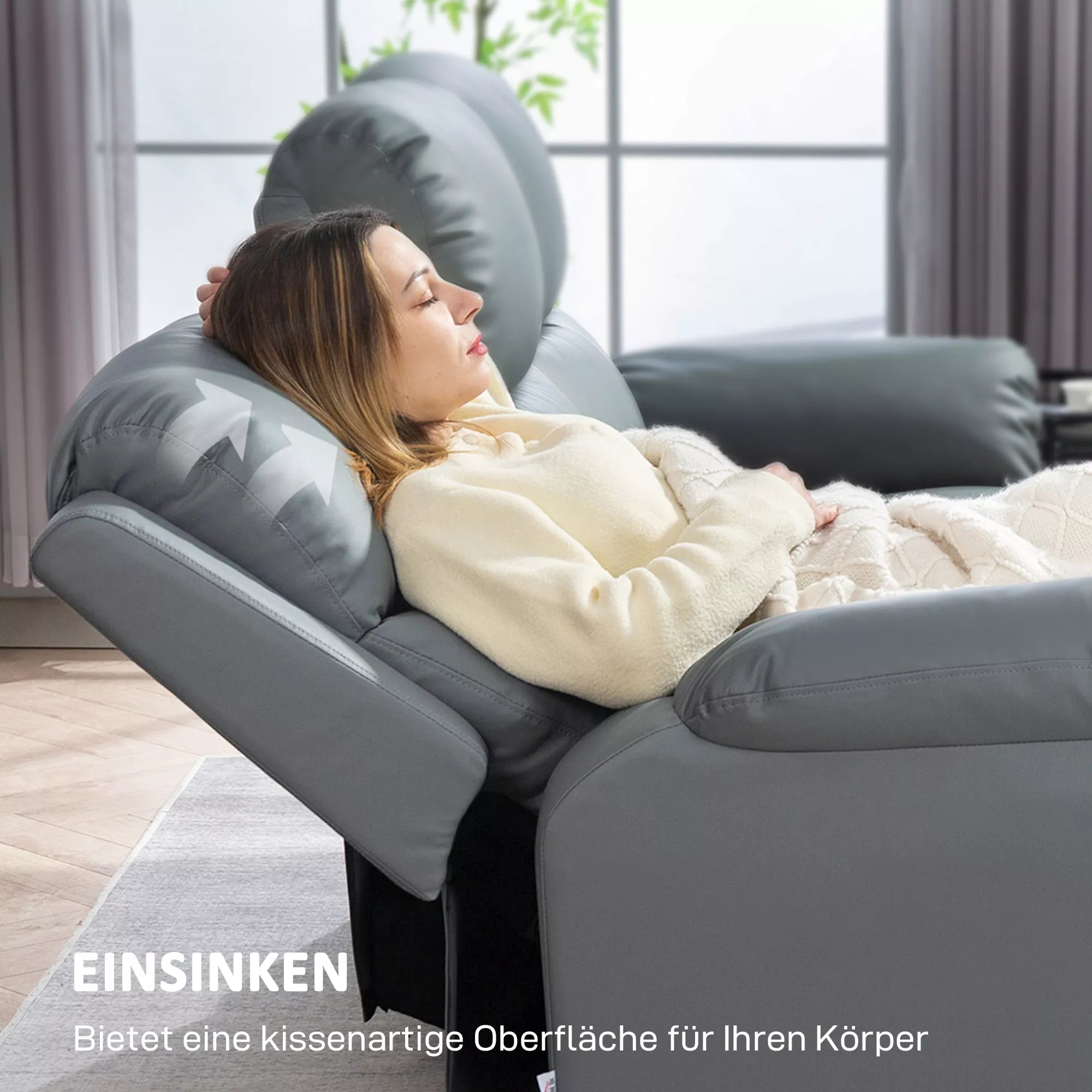 3 vietų sofa, kairė ir dešinė sėdynės atlenkiamos, reguliuojama atrama kojoms, dirbtinės odos apmušalas, skirta svetainei, tamsiai pilka