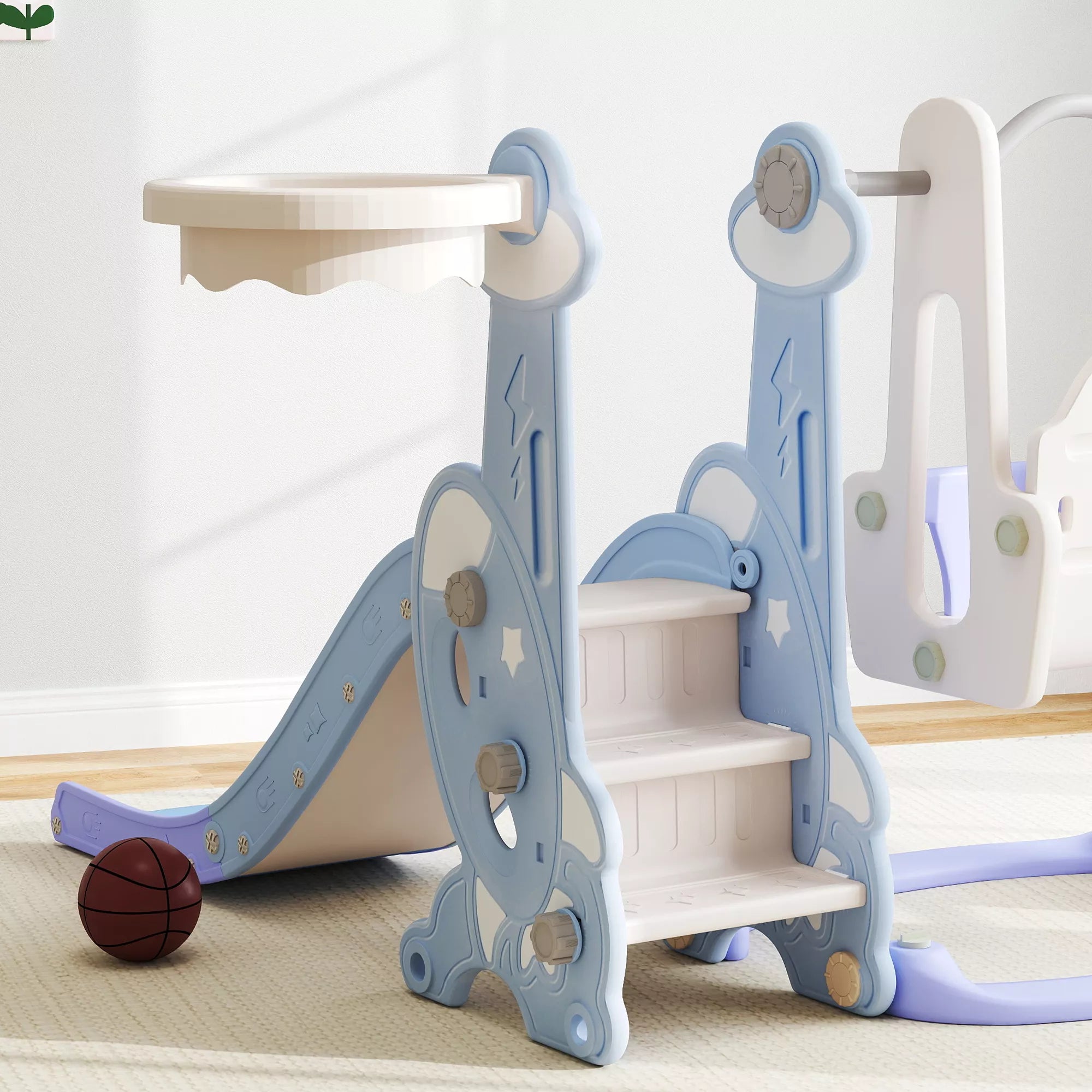 4-in-1 vidaus žaidimų aikštelė, čiuožyklos ir sūpynių rinkinys mažiems vaikams, krepšinio lankas, raketės dizainas, plastikas, šviesiai mėlyna spalva