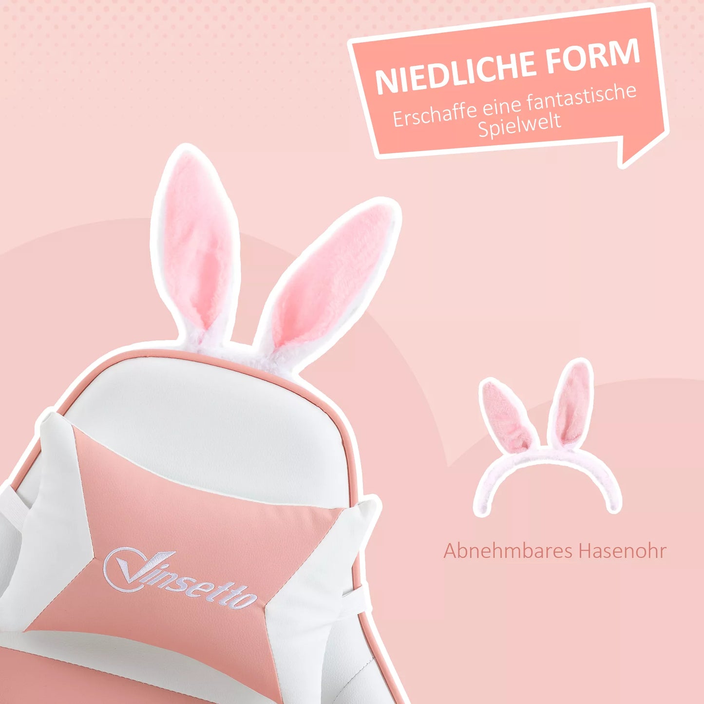 Ergonomiška žaidimų kėdė su juosmens atrama, kojų atrama, rožine galvos pagalvėle su zuikio ausimis