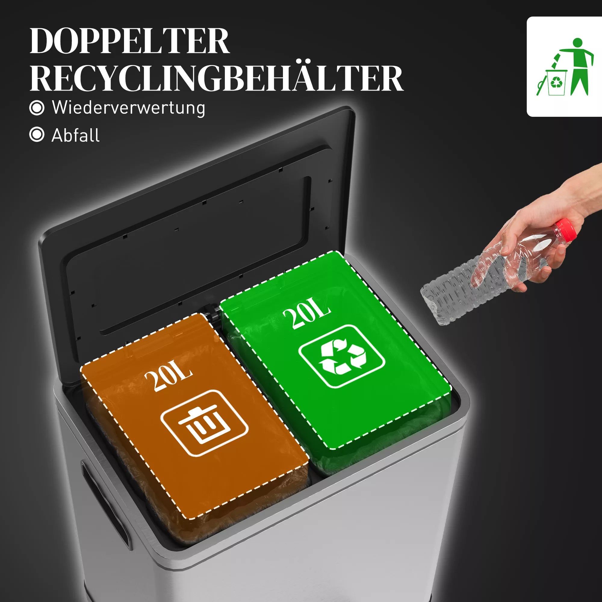 Šiukšliadėžė, šiukšlių dėžė su dangčiu ir pedalu, nerūdijančio plieno, 2x 20 litrų skyriai, sidabro