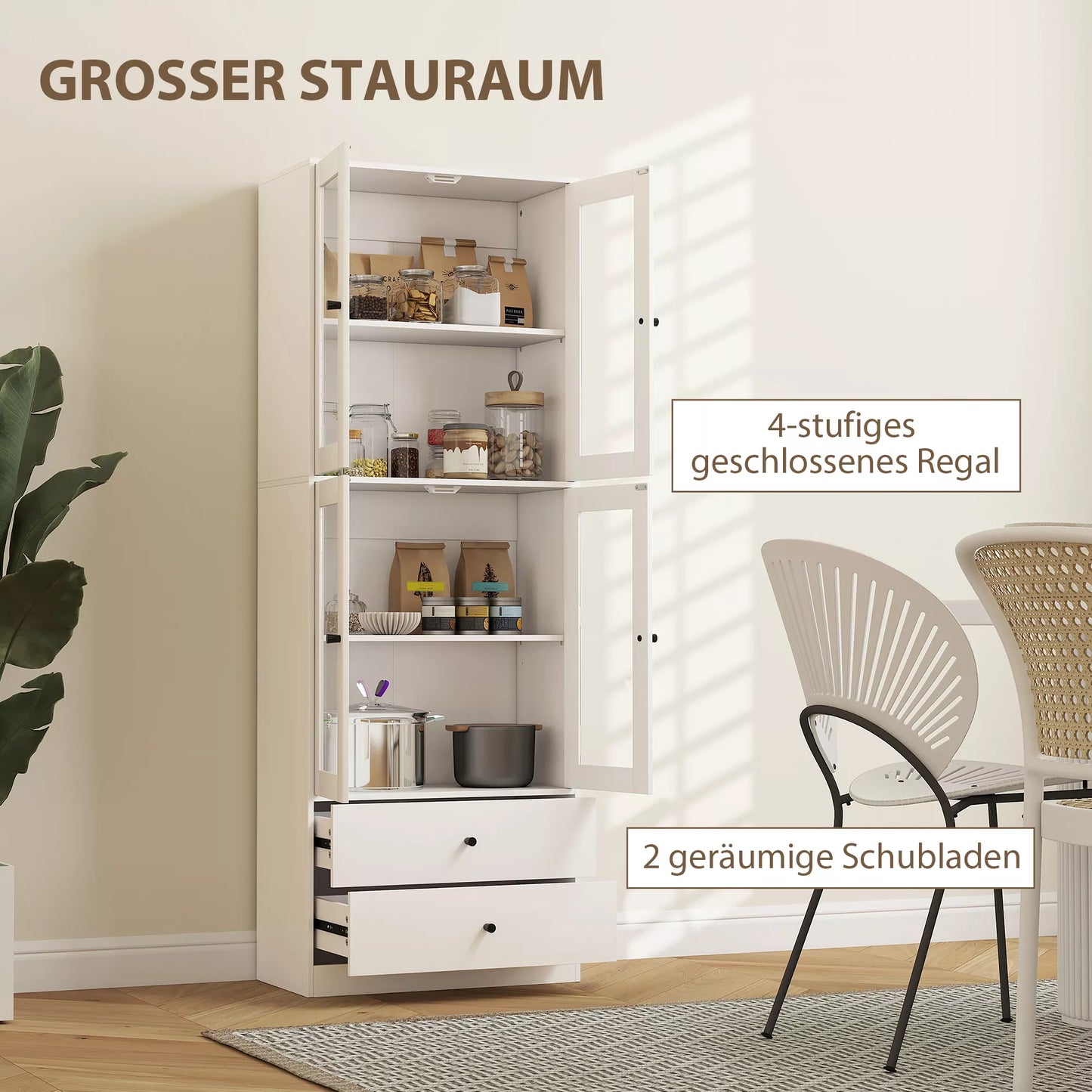 Virtuvės spinta su stalčiais ir stiklinėmis durimis, balta, melamino paviršius